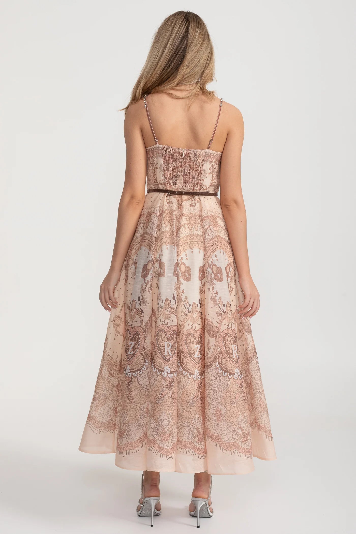 Printed Cutout Corset Maxi Dress With Black Waistband - Brown