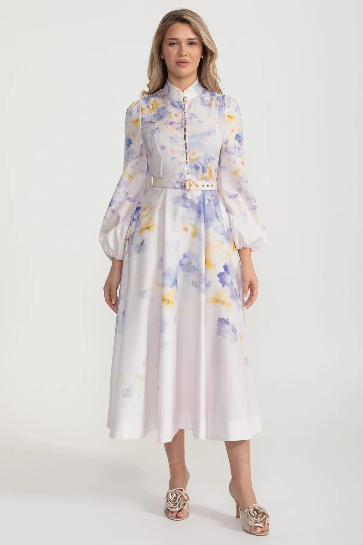 Watercolor Floral Belted Midi Dress with Mandarin Collar – Pastel Blue