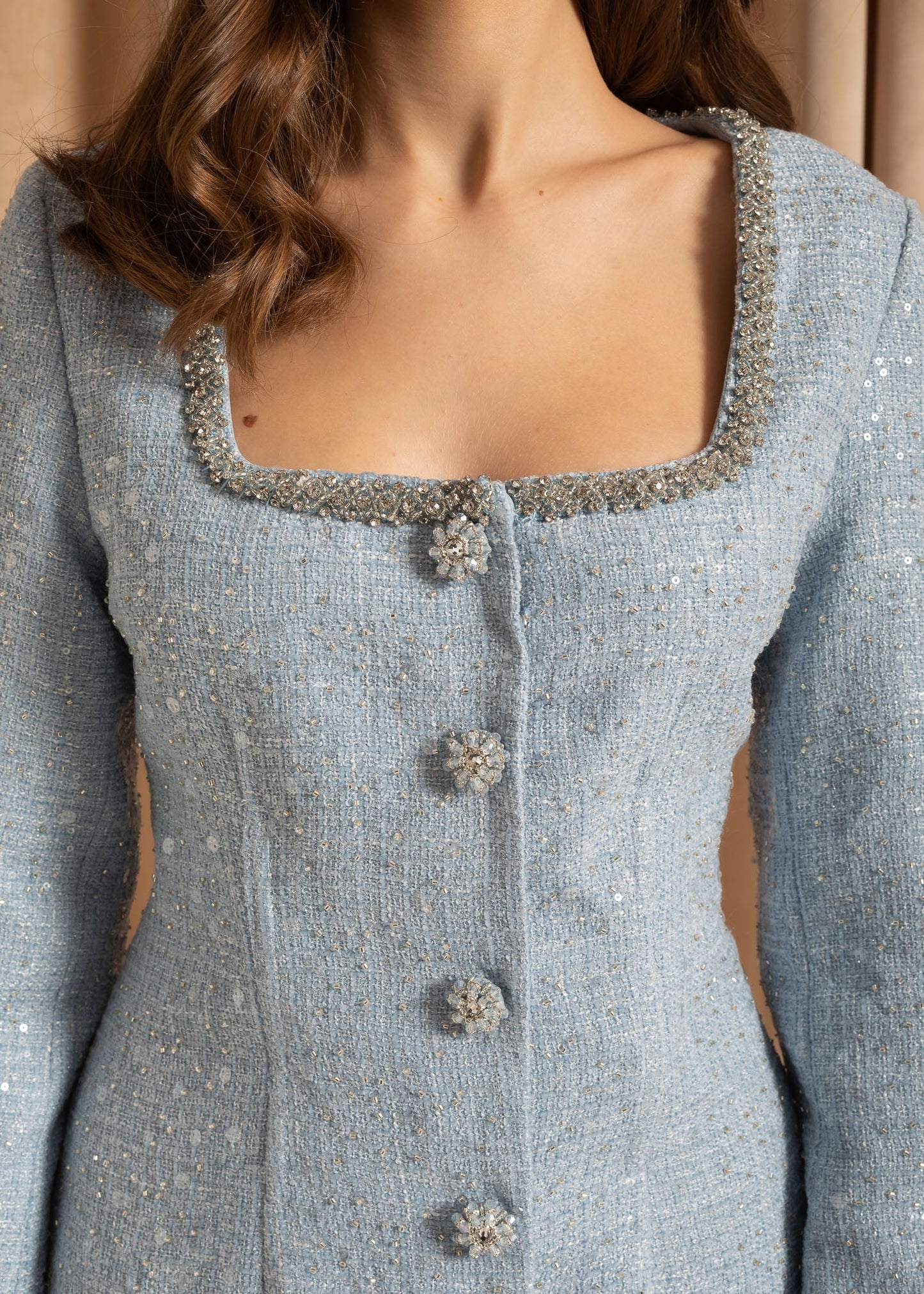 Textured Dress With Silver Detailing And Feathered Cuffs - Blue