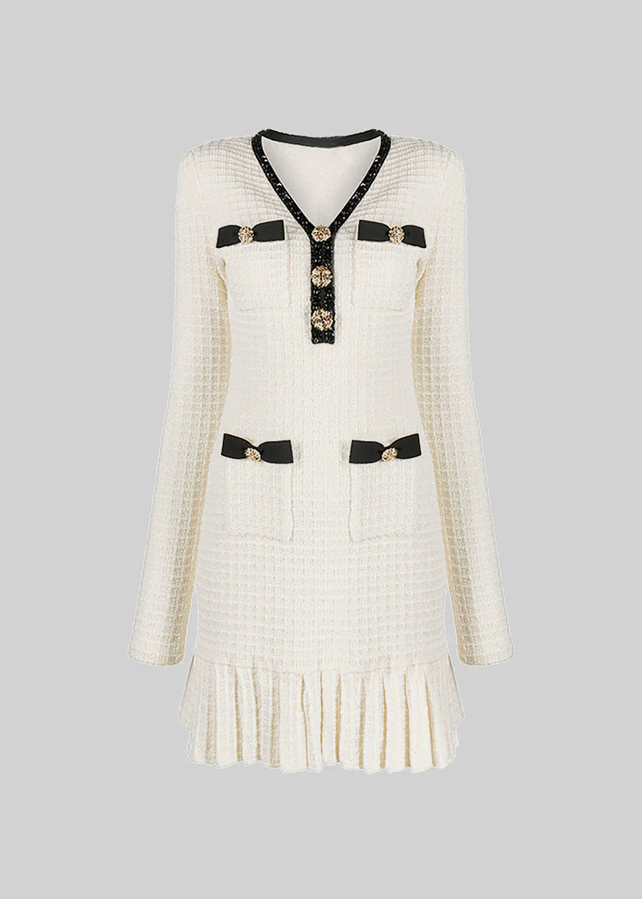 Sophisticated Long Sleeve Dress with Textured Finish - Ivoire