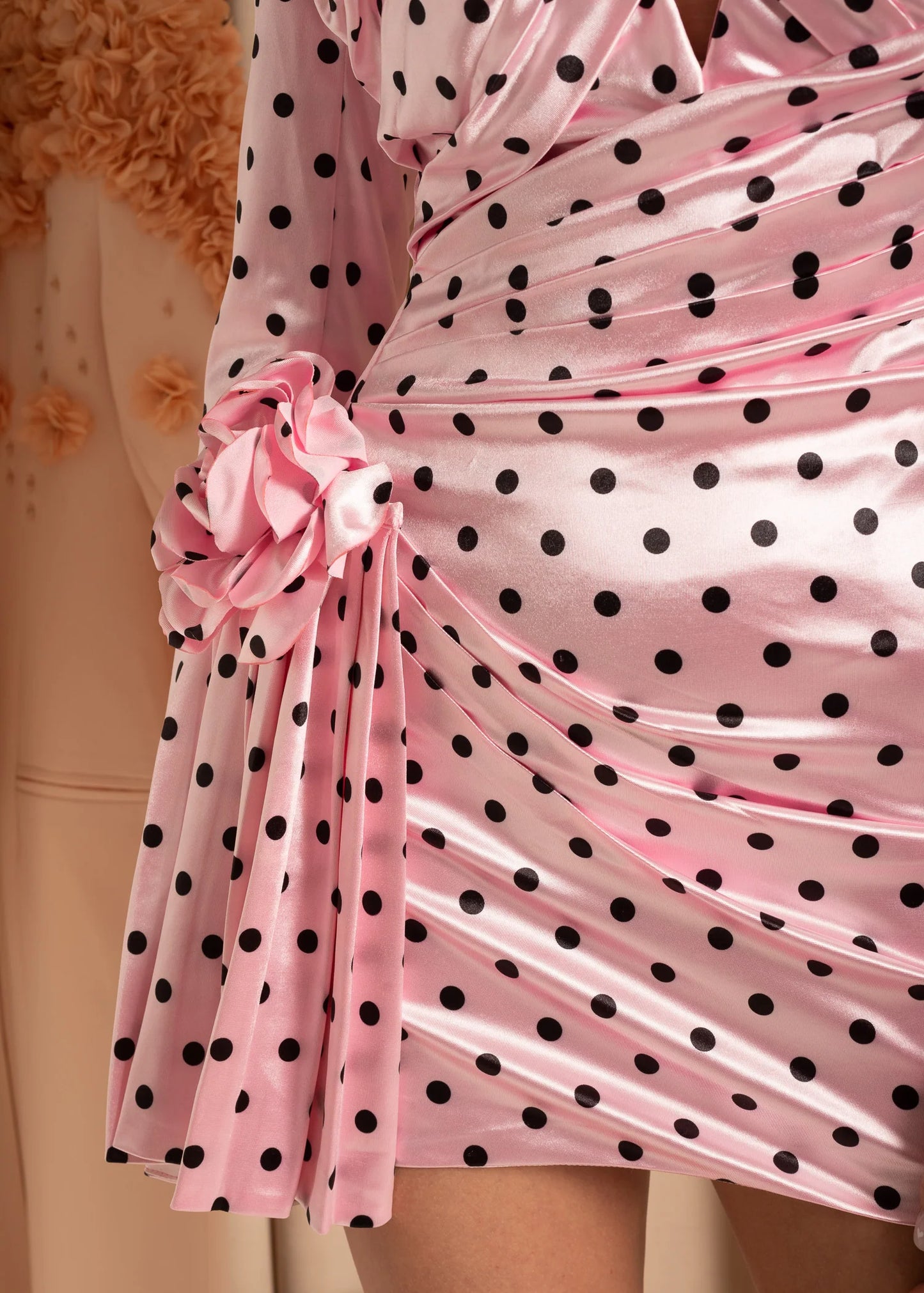 Satin Polka Dot Mini Dress With Floral Accents - Pink