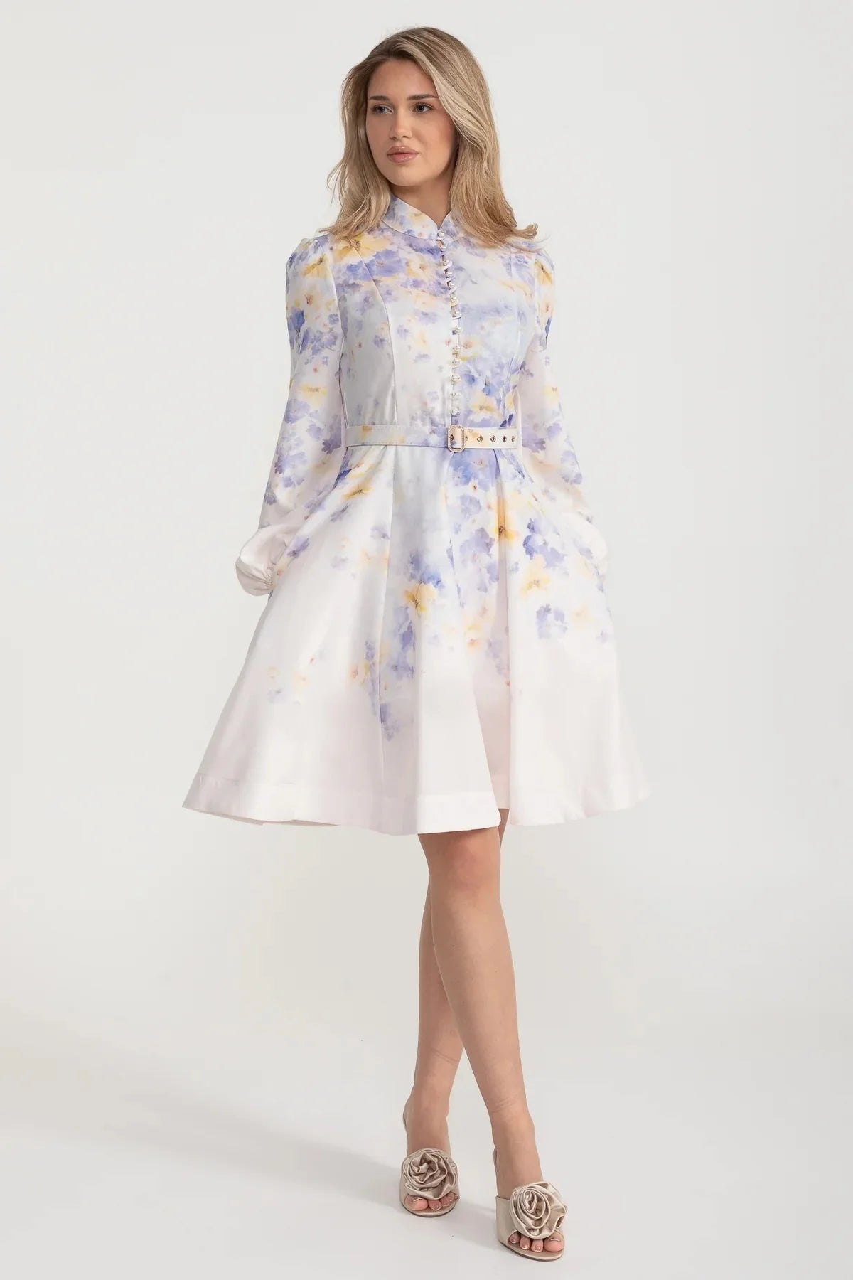 Watercolor Floral Belted Mini Dress with Mandarin Collar – Pastel Blue