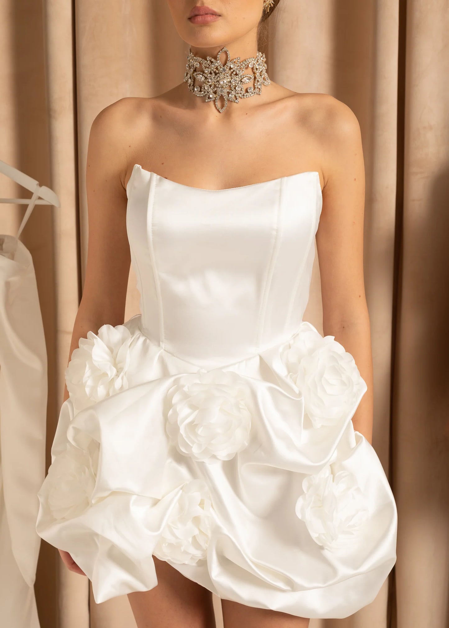 Sleeveless Satin Mini Dress With 3D Floral Mini Skirt - White