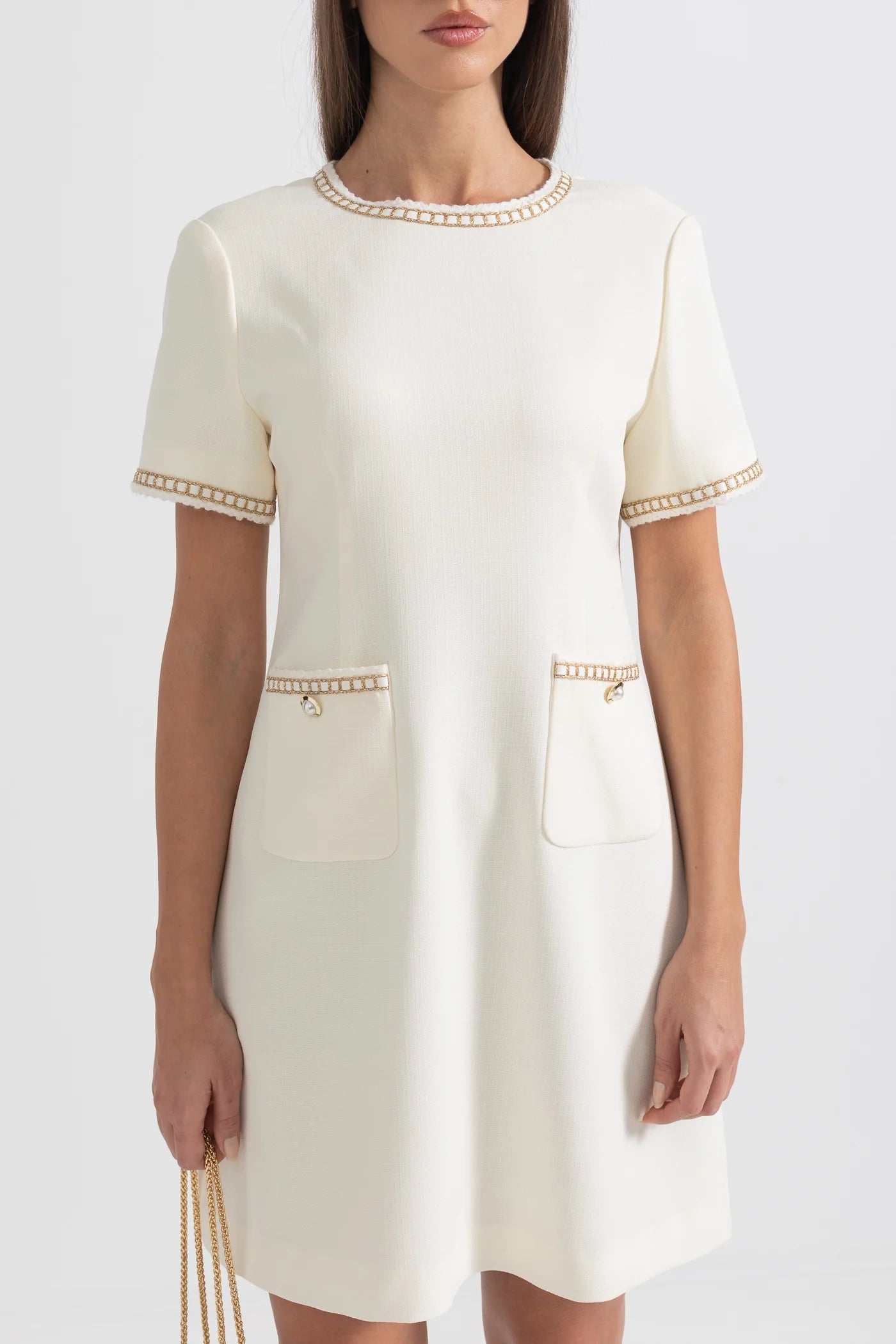 Short Sleeve Mini Dress With Golden Details - Ivoire