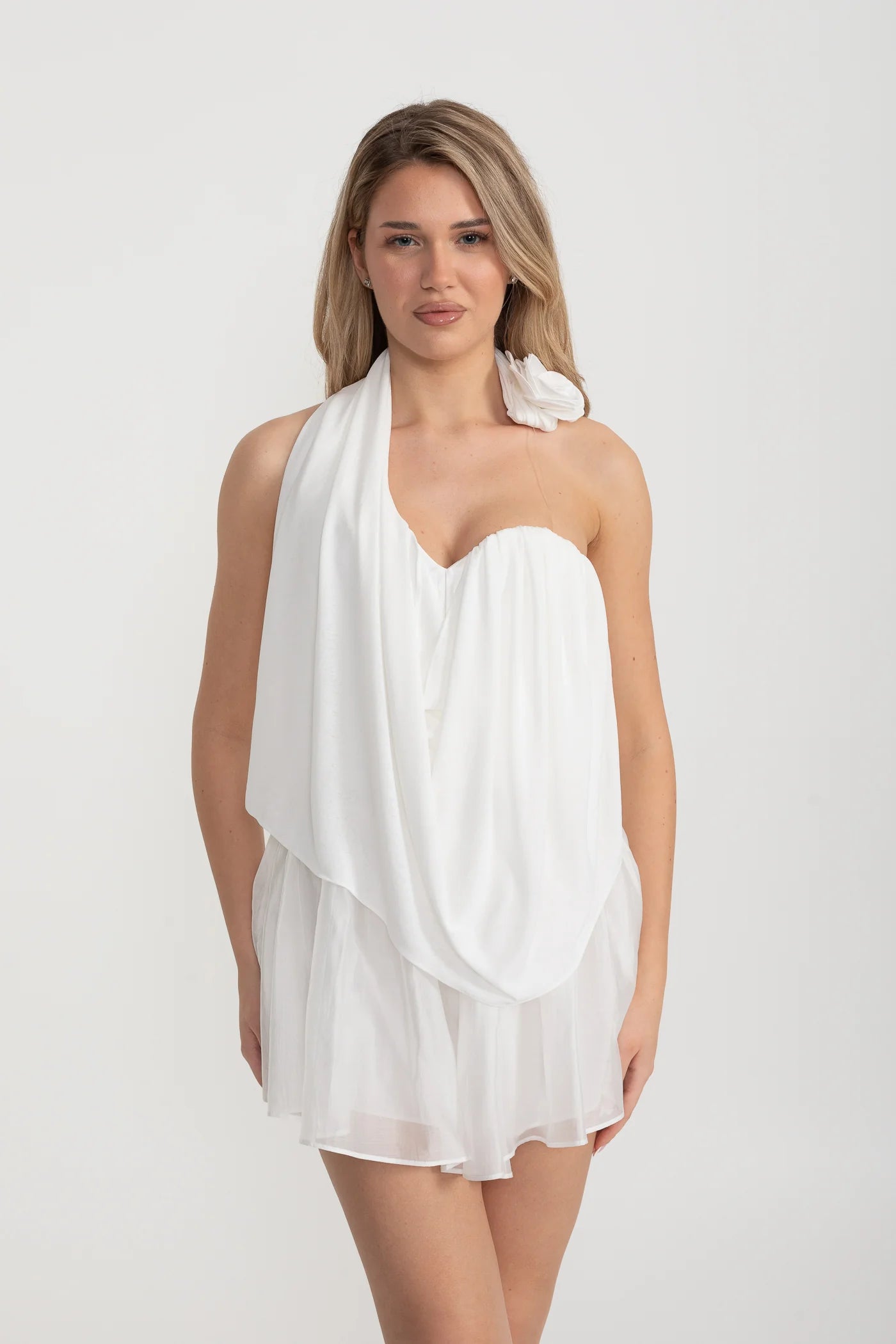 Draped Halter Top And Sheer Mini Skirt Set - White