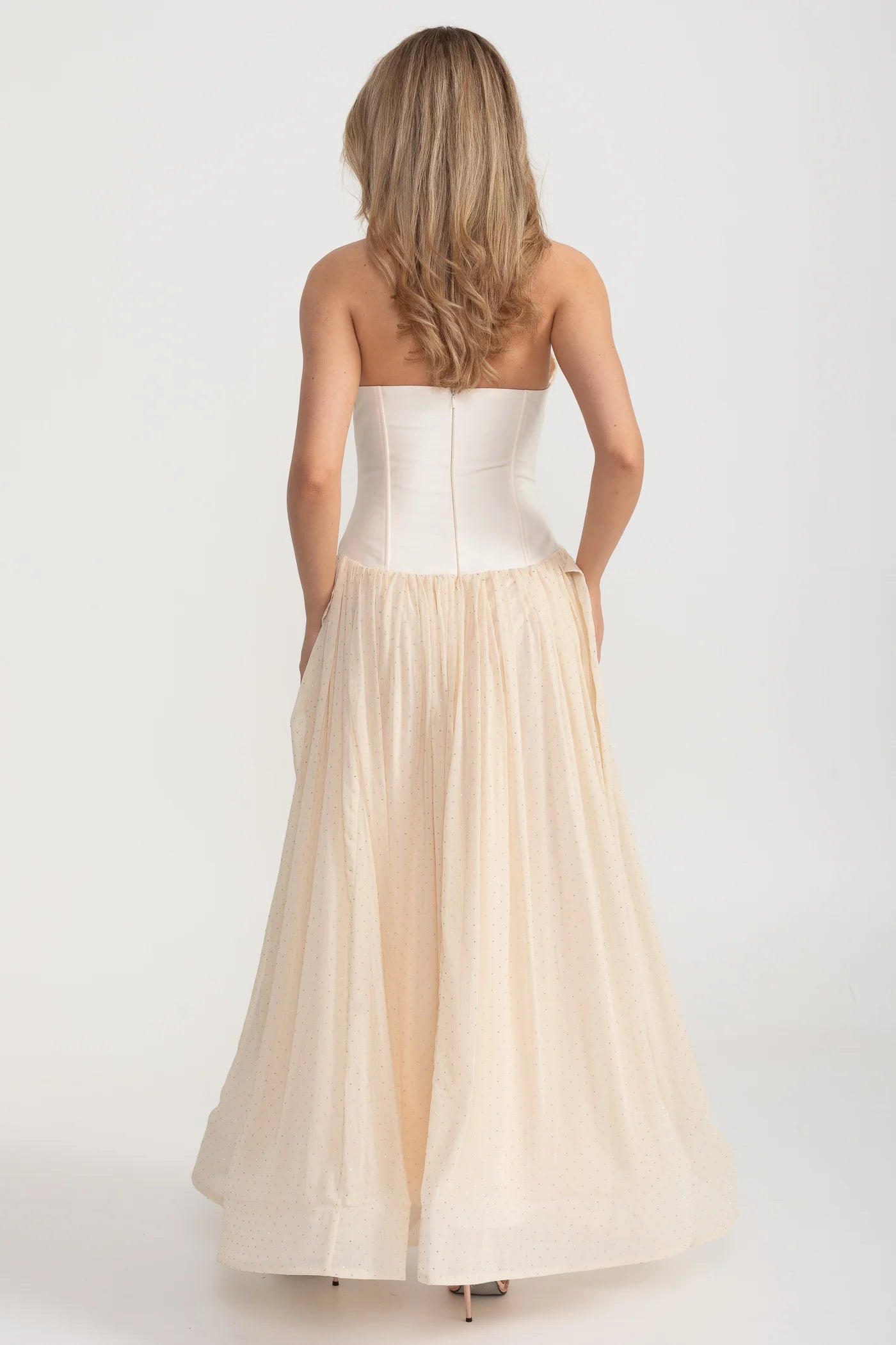 Halter Maxi Dress with Corset Bodice and Tulle Skirt - Ivoire