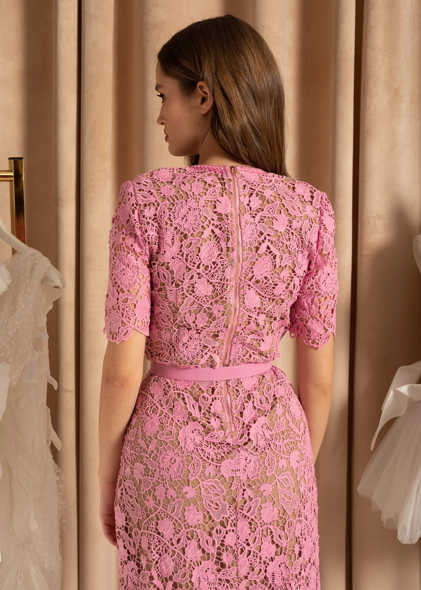 Exquisite Short Sleeve Lace Midi Dress - Rose