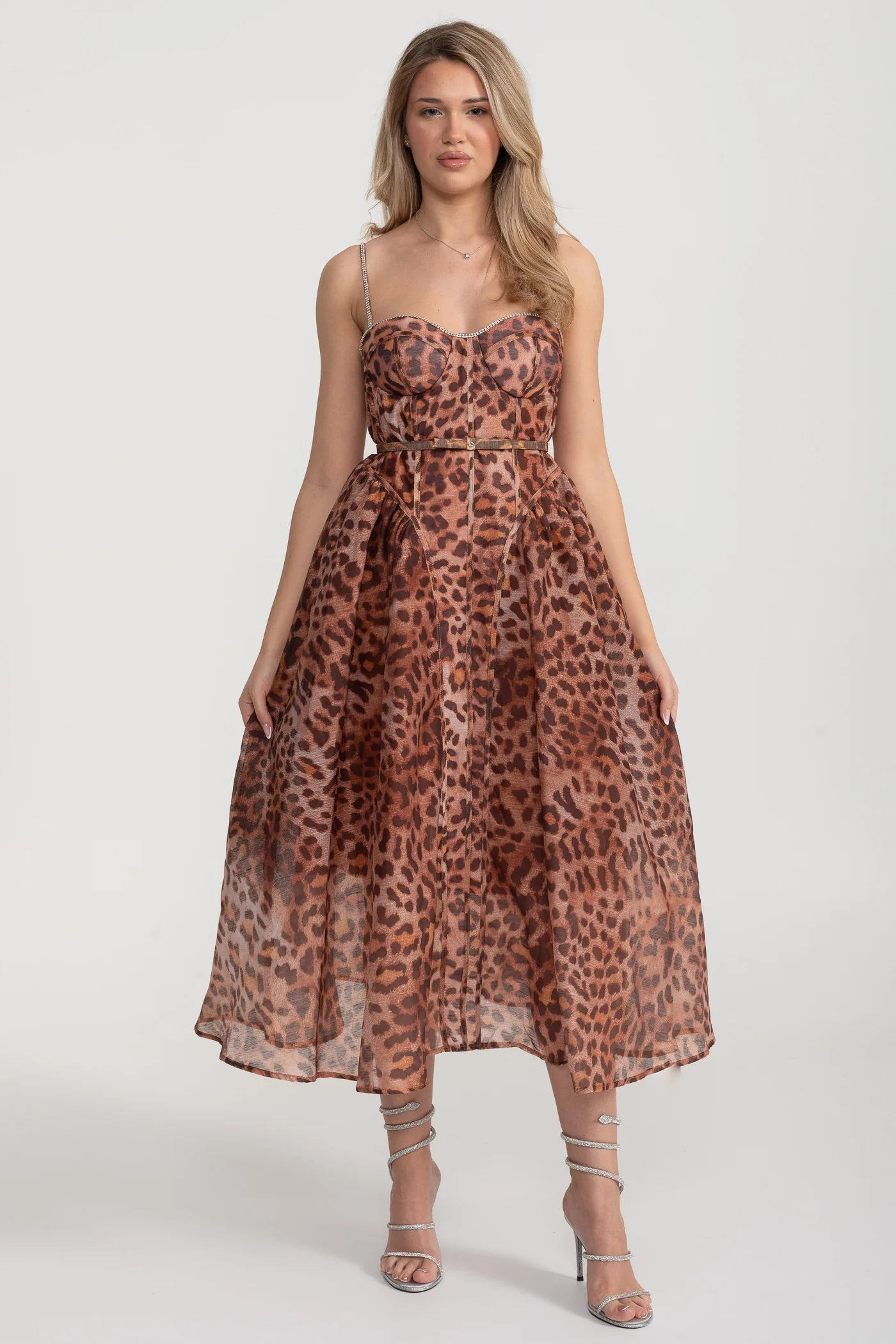 Leopard Print Midi Dress With Corset Bodice- Brown