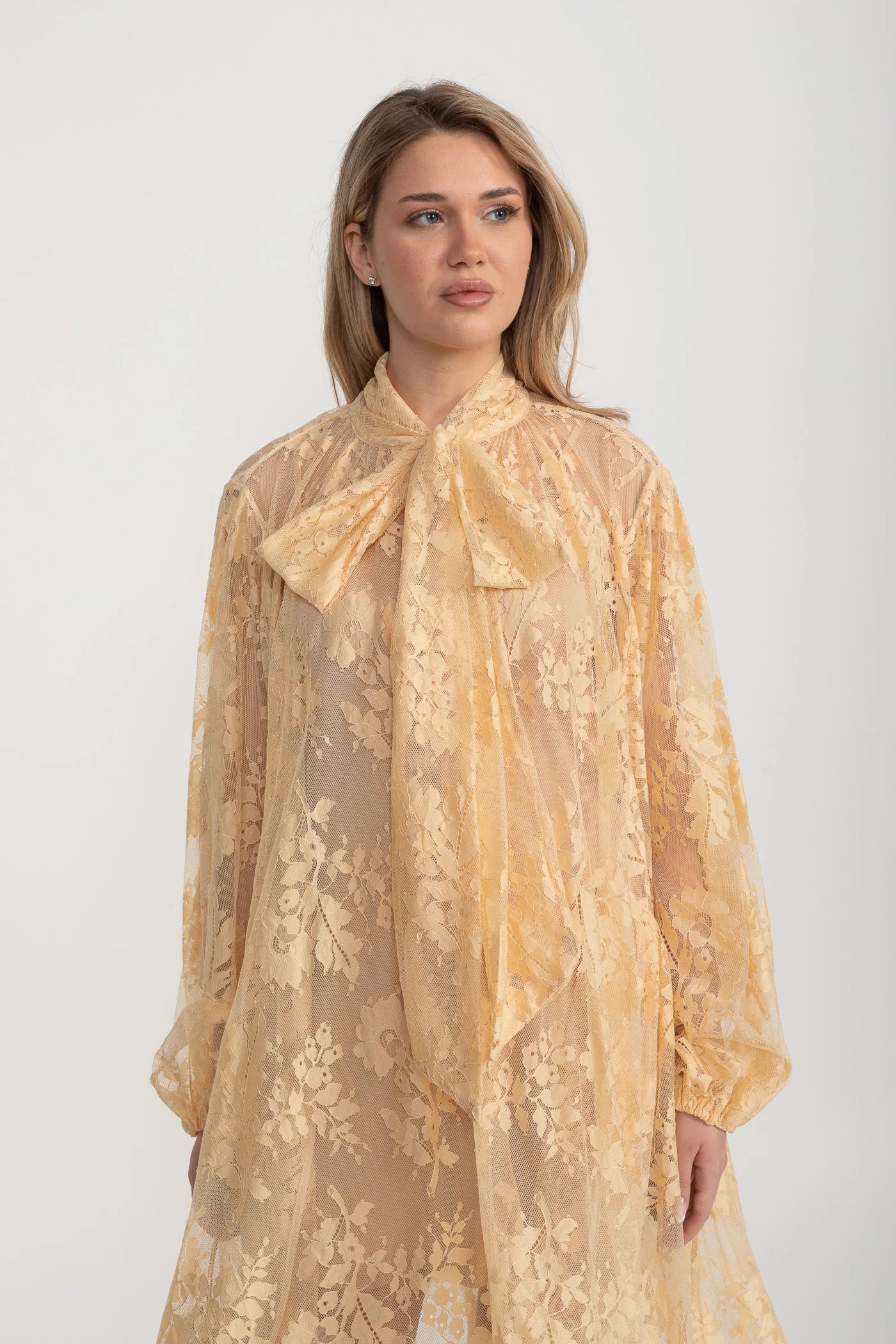 A-Line Lace Dress with Bow Tie Neck – Khaki