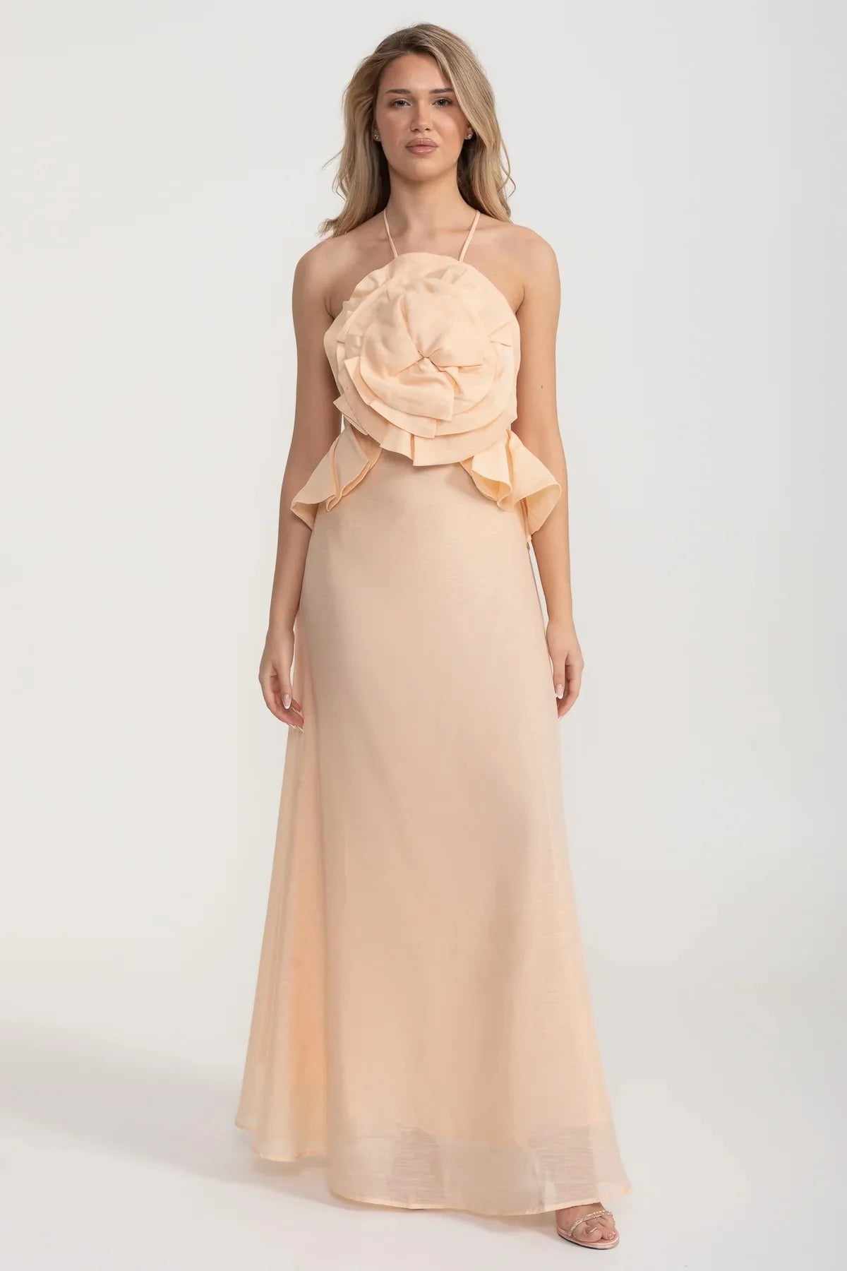 Halterneck Maxi Dress with Oversized Rosette – Peach