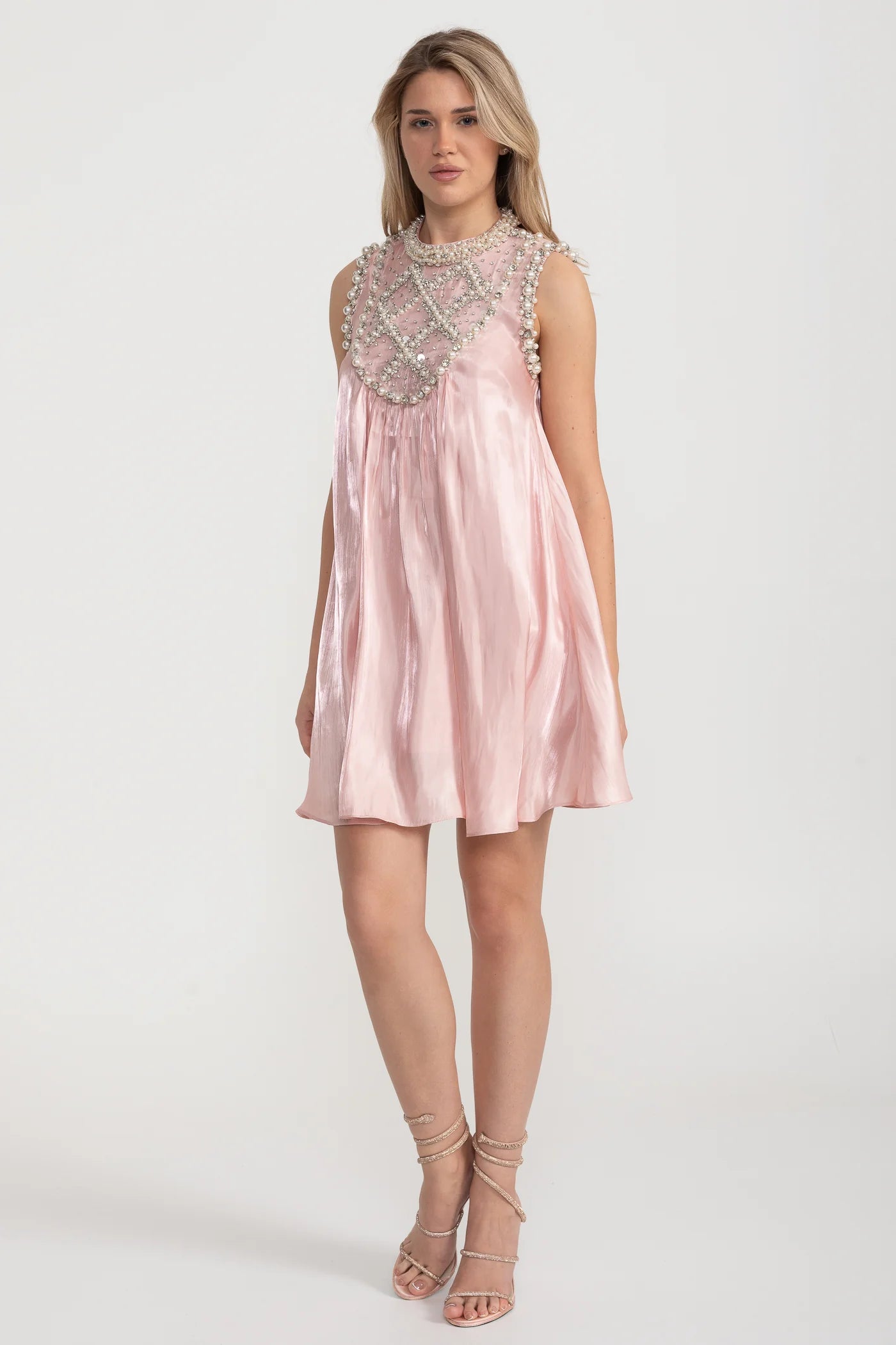 Elegant A-Line Sleeveless Dress With Intricate Pearl And Crystal Embellishments - Pink