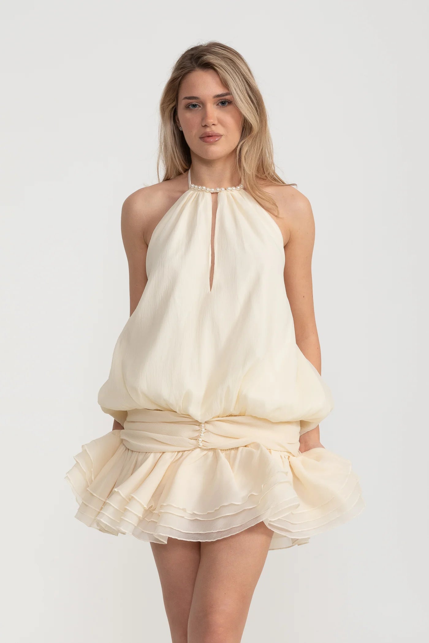 Halter Mini Dress with Pearl Neckline and Layered Ruffle Skirt - Ivoire