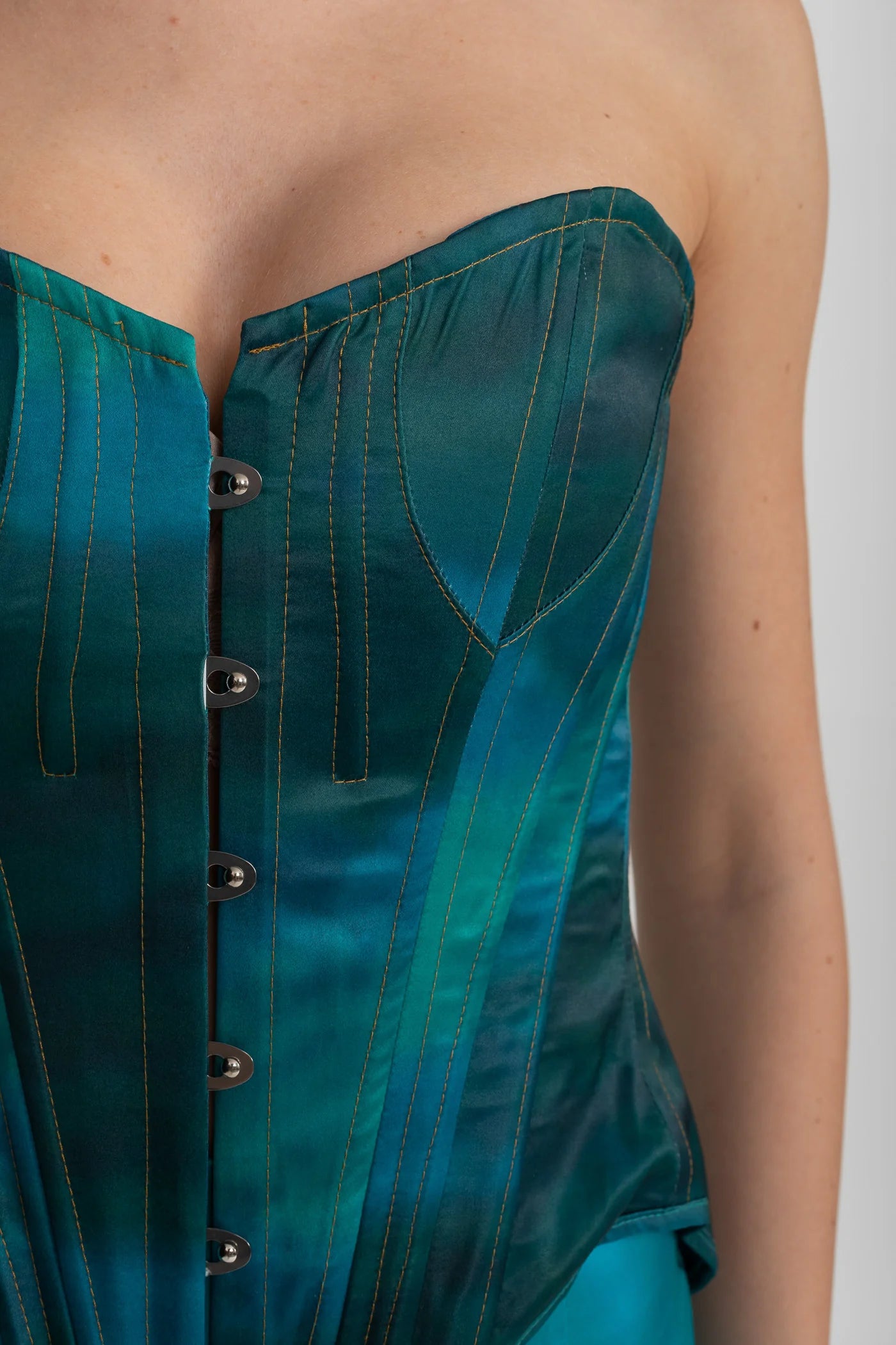 Strapless Corset Satin Set With Front Button Detail And Matching Skirt - Turquoise