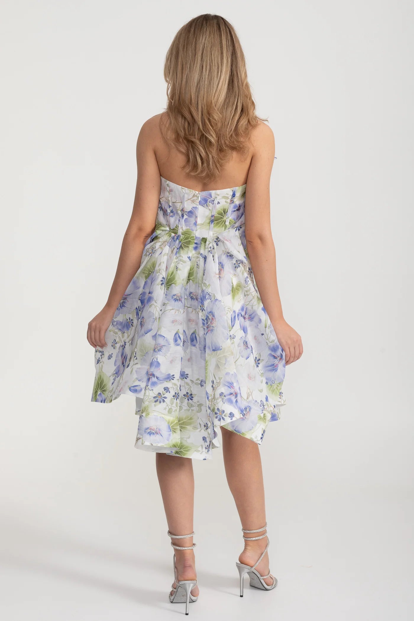 Floral Draped Mini Dress With Deep V Neckline – White