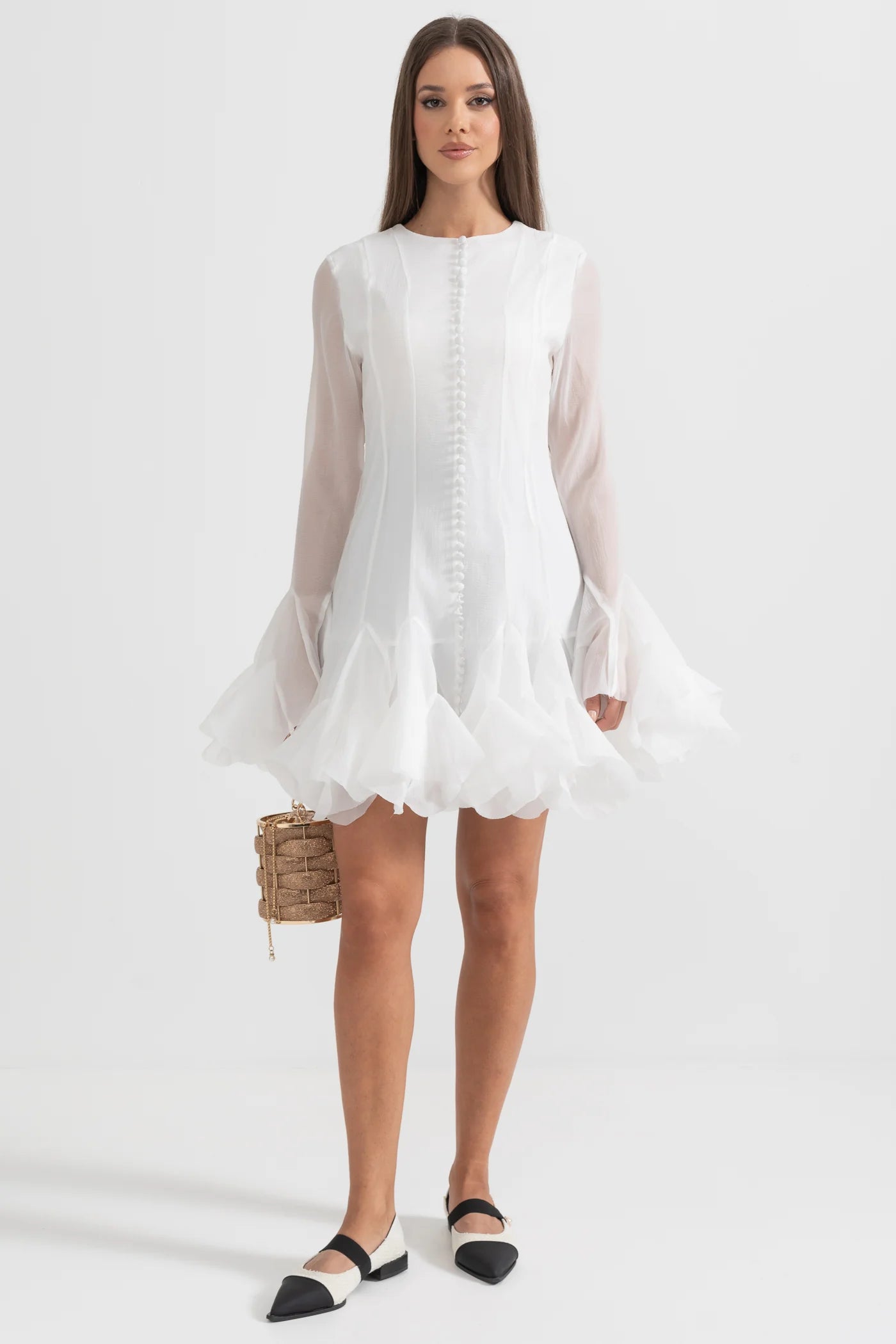 Chic Mini Dress With See-Through Sleeves And Flared Hemline - White
