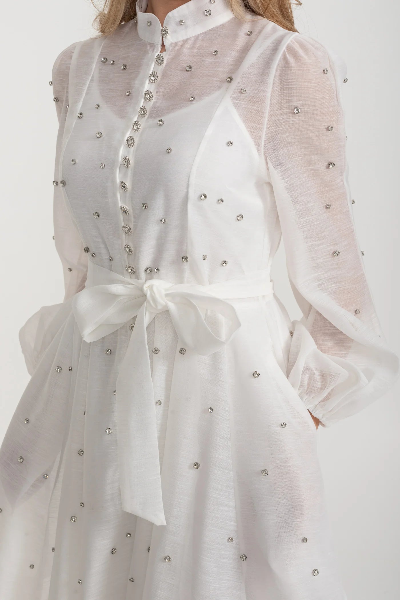 Long Sleeve Mini Dress with Crystal Embellishments - White