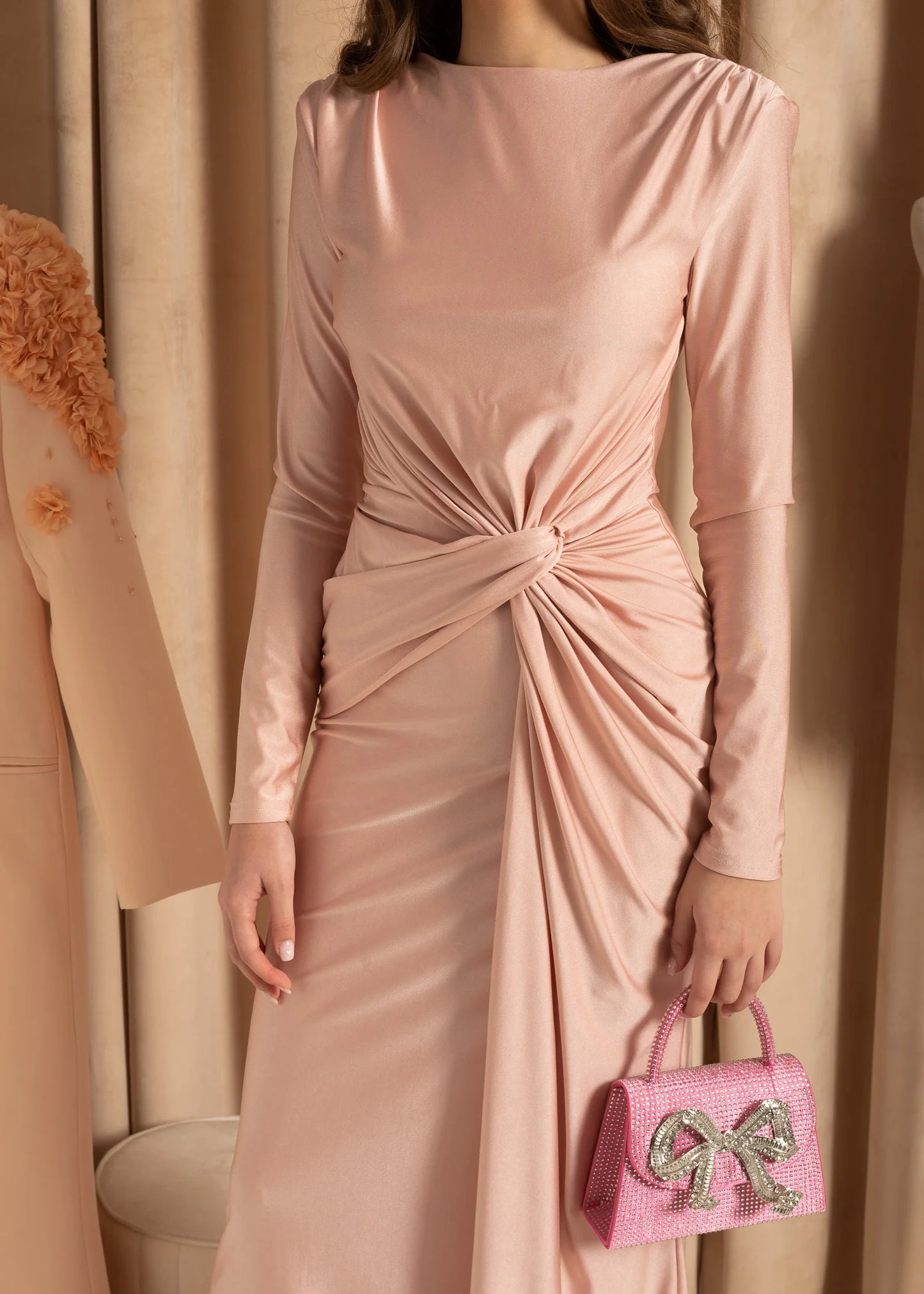 Elegant Satin Dress With Long Sleeves And Ruched Waist Detailing - Beige