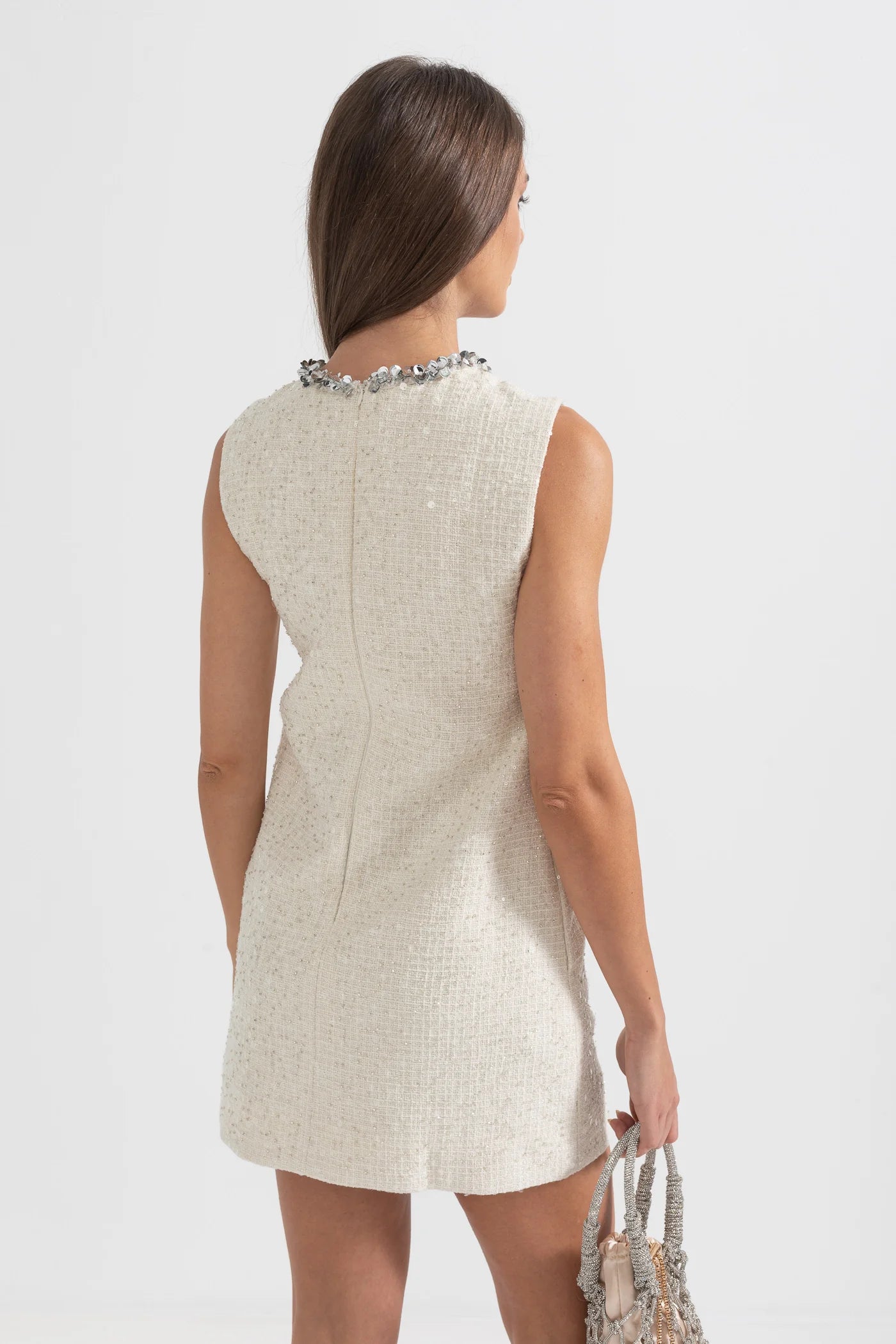 Textured Mini Dress With Silver Sequin Collar Detailing - Ivoire