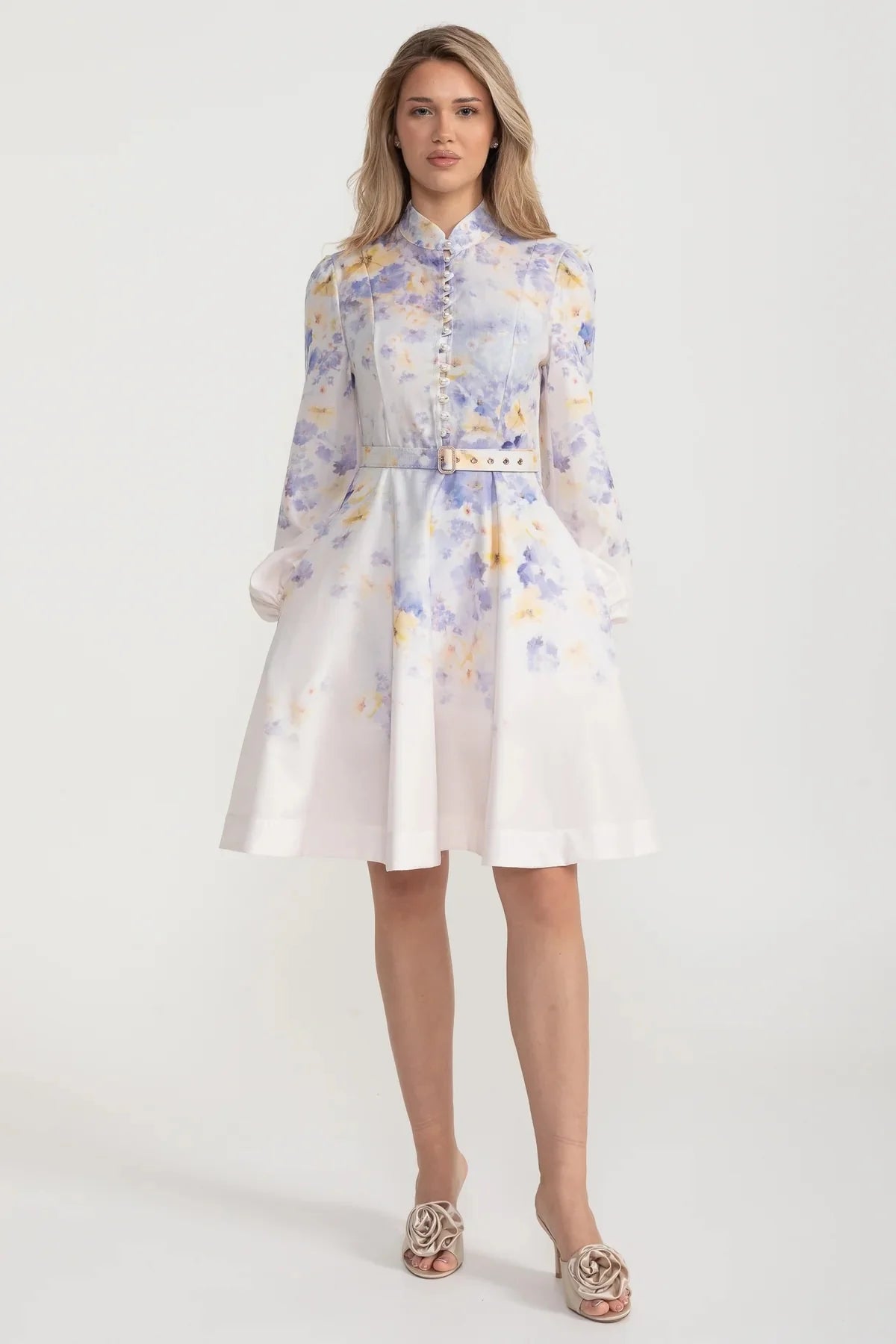 Watercolor Floral Belted Mini Dress with Mandarin Collar – Pastel Blue