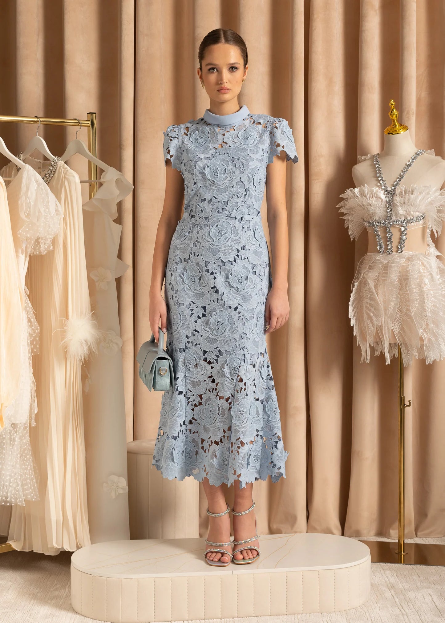 High Collar Lace Midi Dress With Floral Pattern - Blue