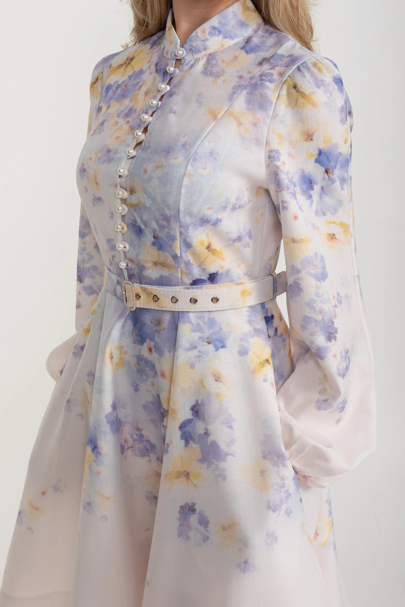 Watercolor Floral Belted Mini Dress with Mandarin Collar – Pastel Blue