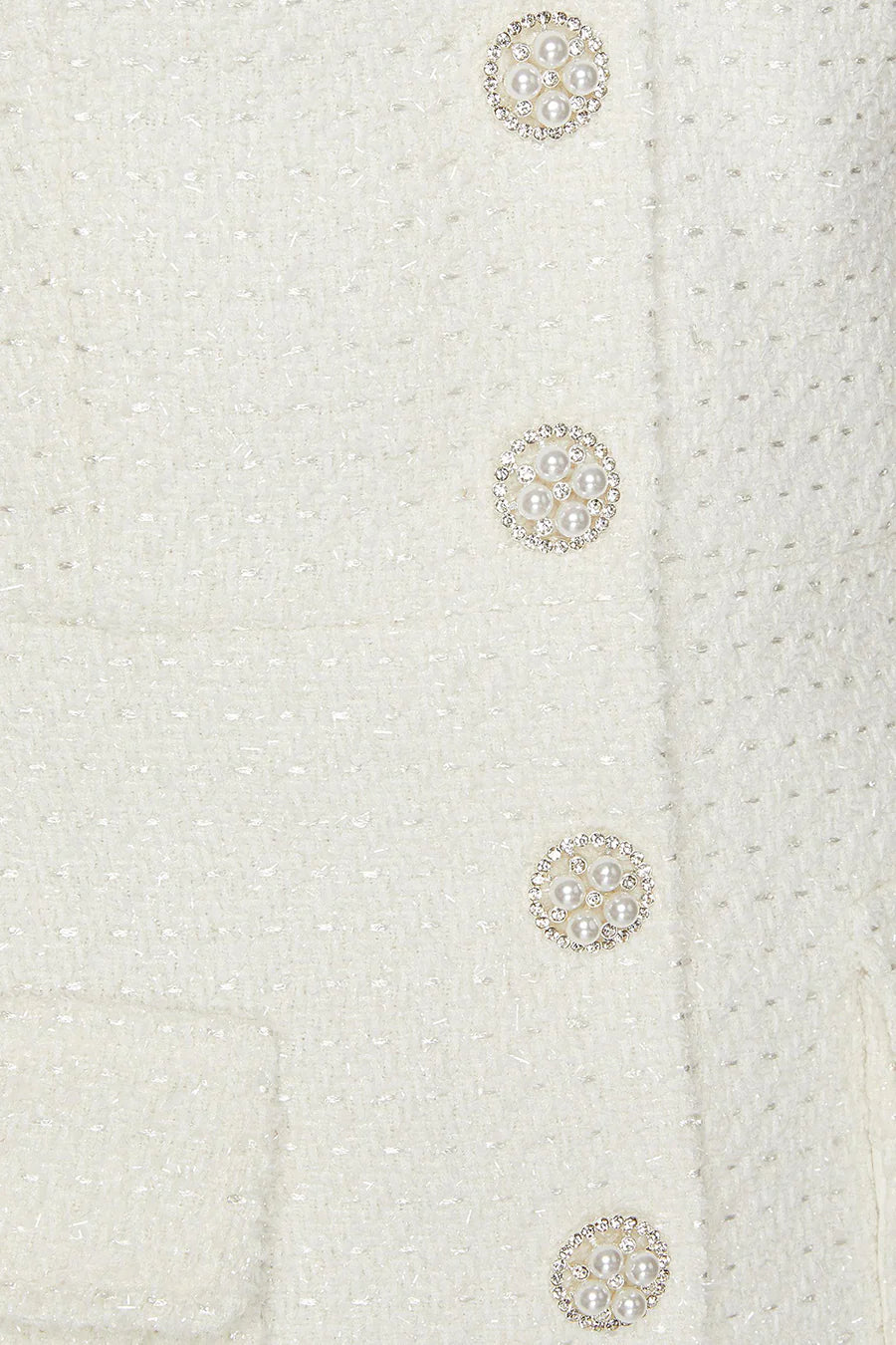 Textured Sleeveless Dress With Pearl Button Accents - White