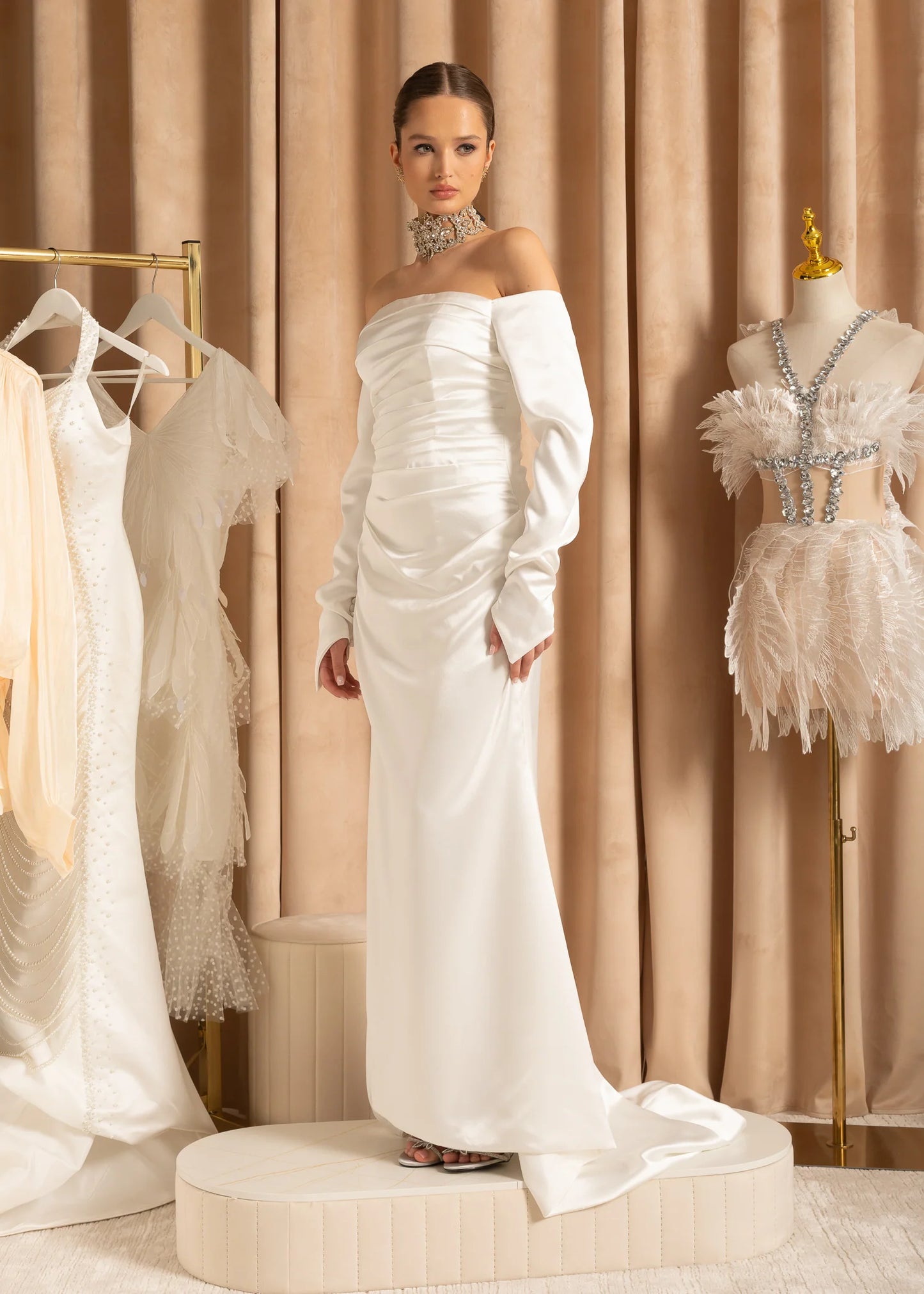 Ruched Off-Shoulder Satin Gown With Draped Maxi Skirt - White