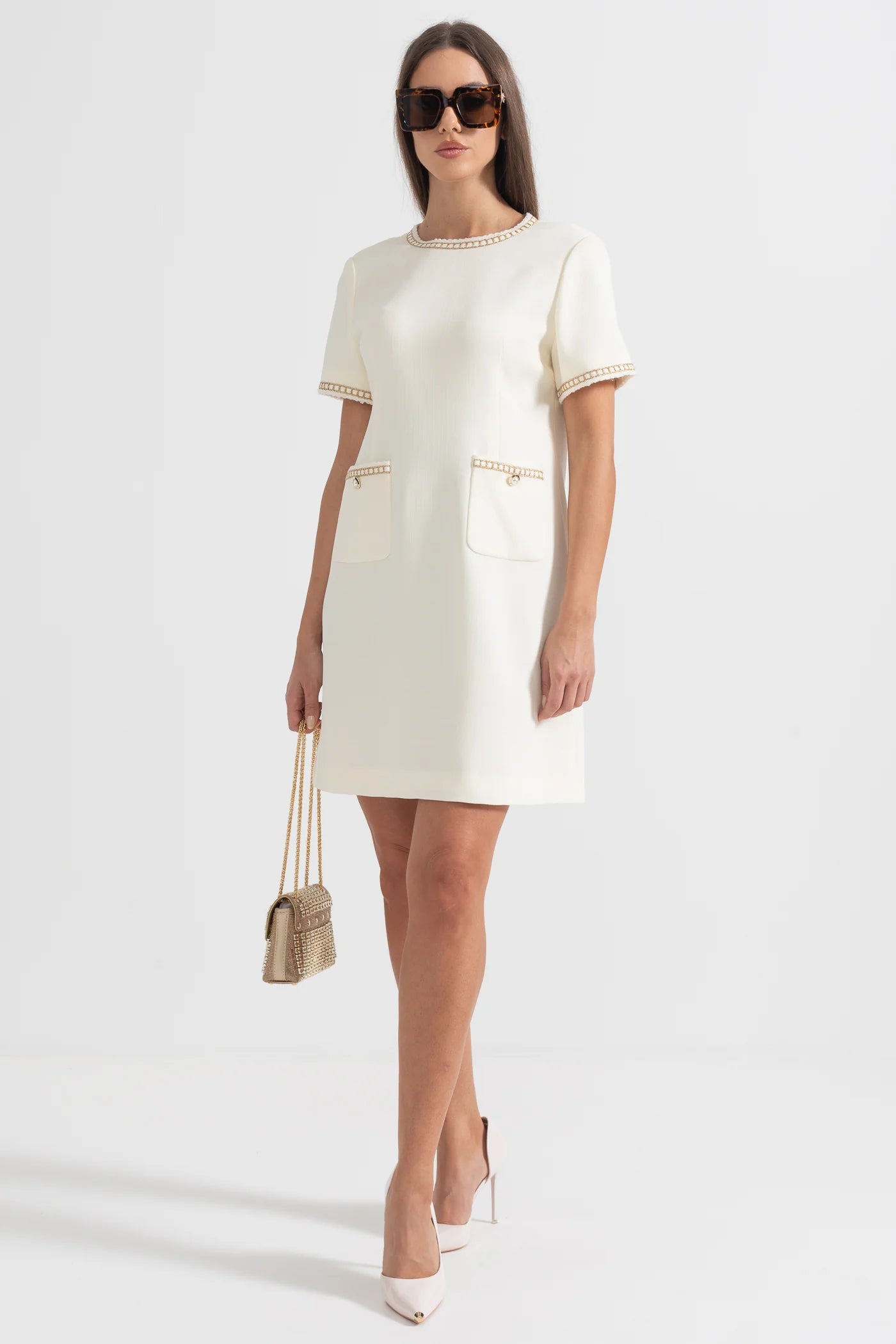 Short Sleeve Mini Dress With Golden Details - Ivoire