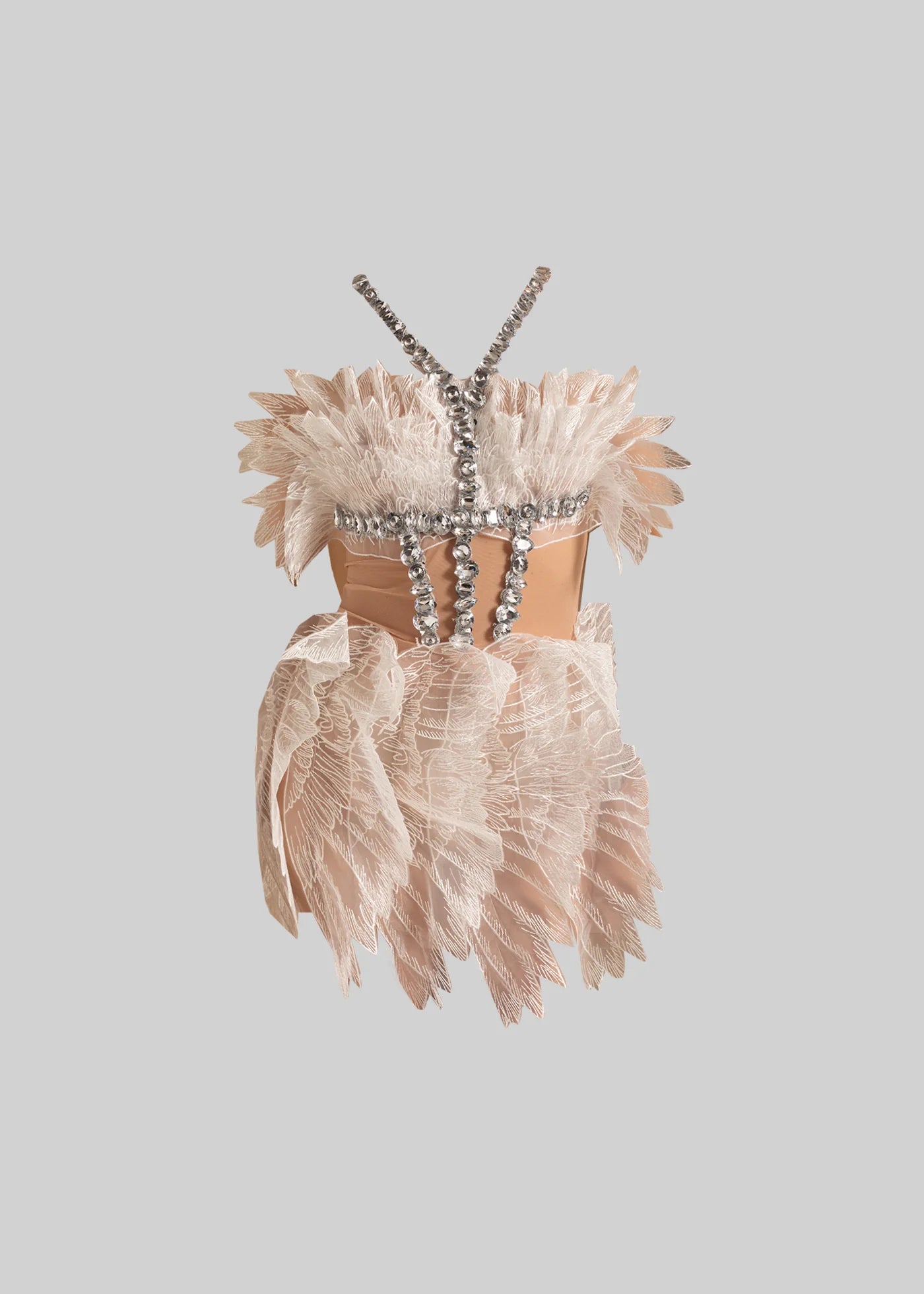 Ethereal Mini Dress With Feather Motif And Sparkling Embellishments - White