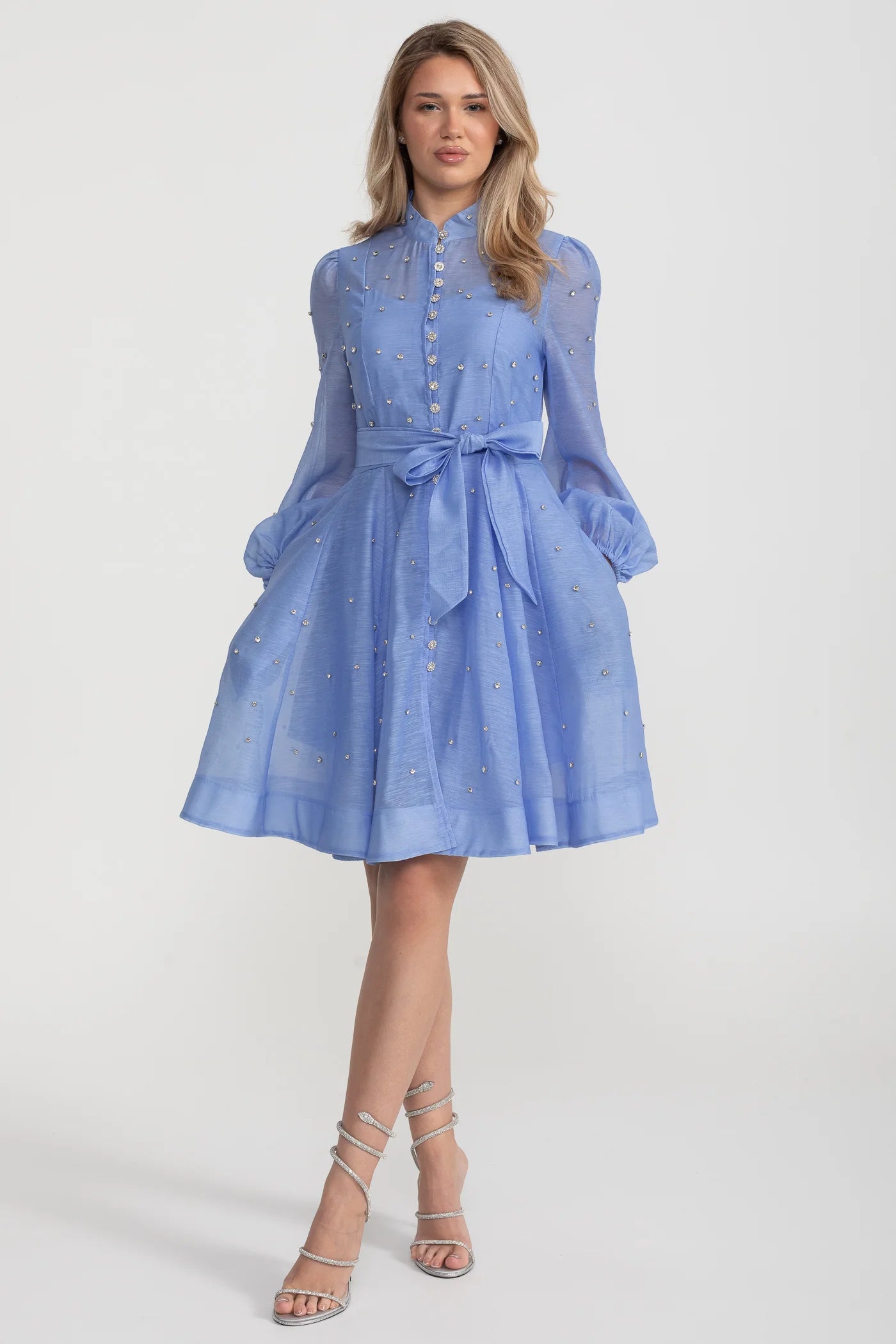Long Sleeve Mini Dress with Crystal Embellishments - Blue