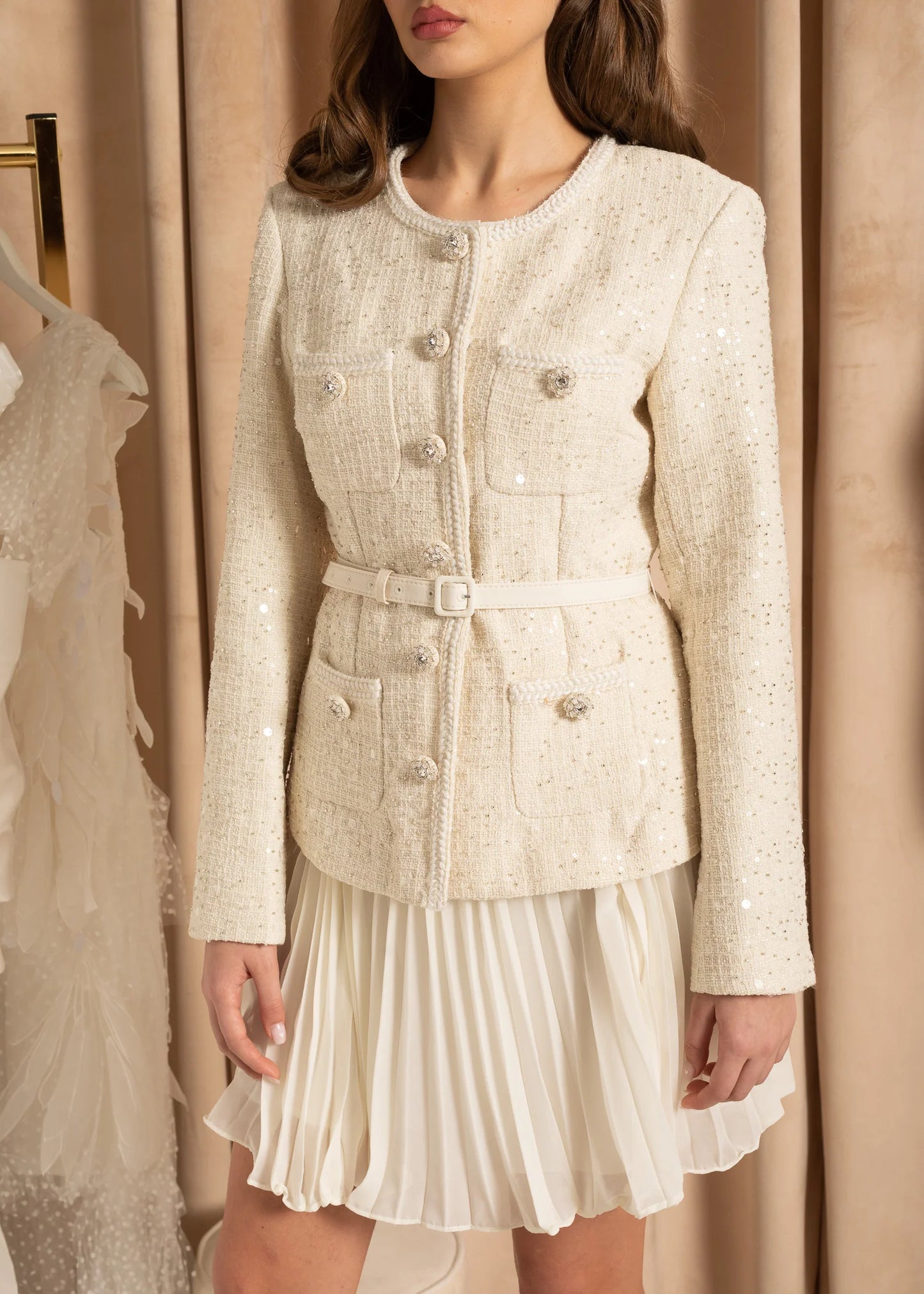 Textured Sequin Knitted Dress With Pleated Mini Skirt - Ivoire