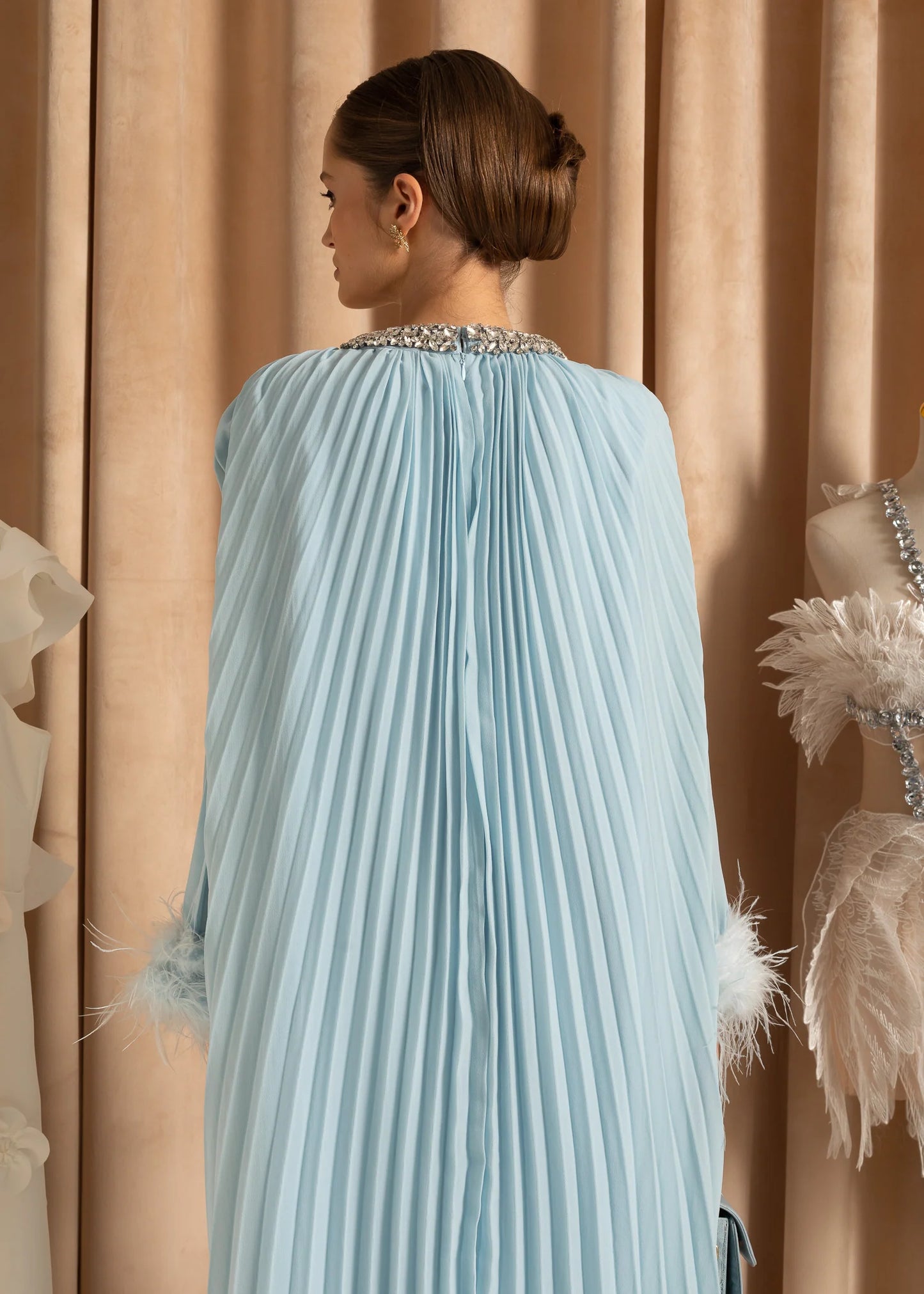 Elegant Ribbed Dress With Fluffy Cuffs And Sparkling Neckline Adornments - Baby Blue