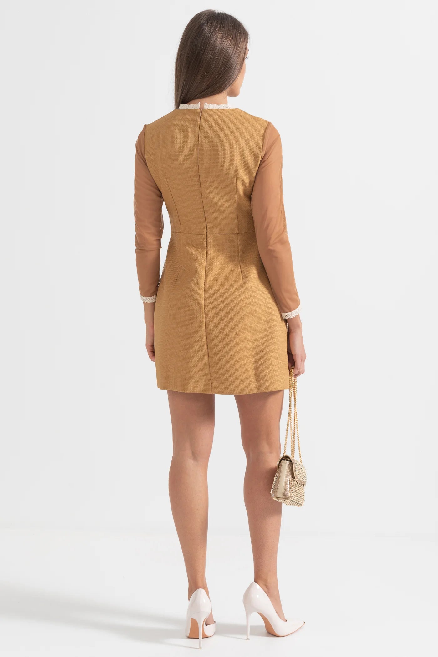 Layered Lace Mini Dress With Fitted Silhouette - Brown/Beige