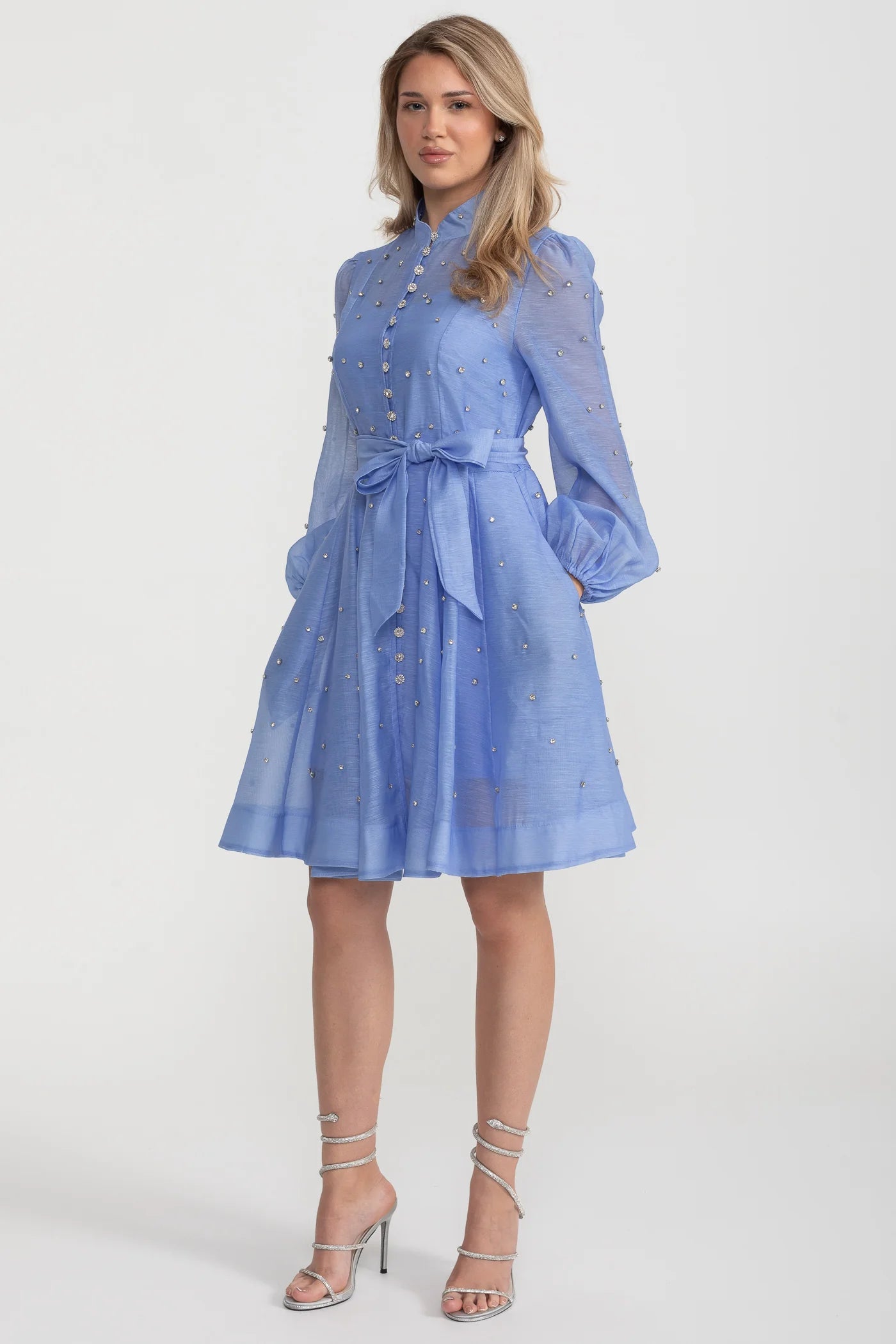 Long Sleeve Mini Dress with Crystal Embellishments - Blue