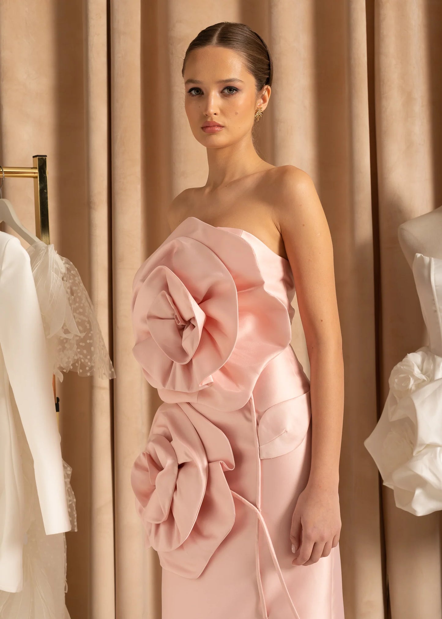 3D Sculpted Flowers Midi Dress - Light Pink
