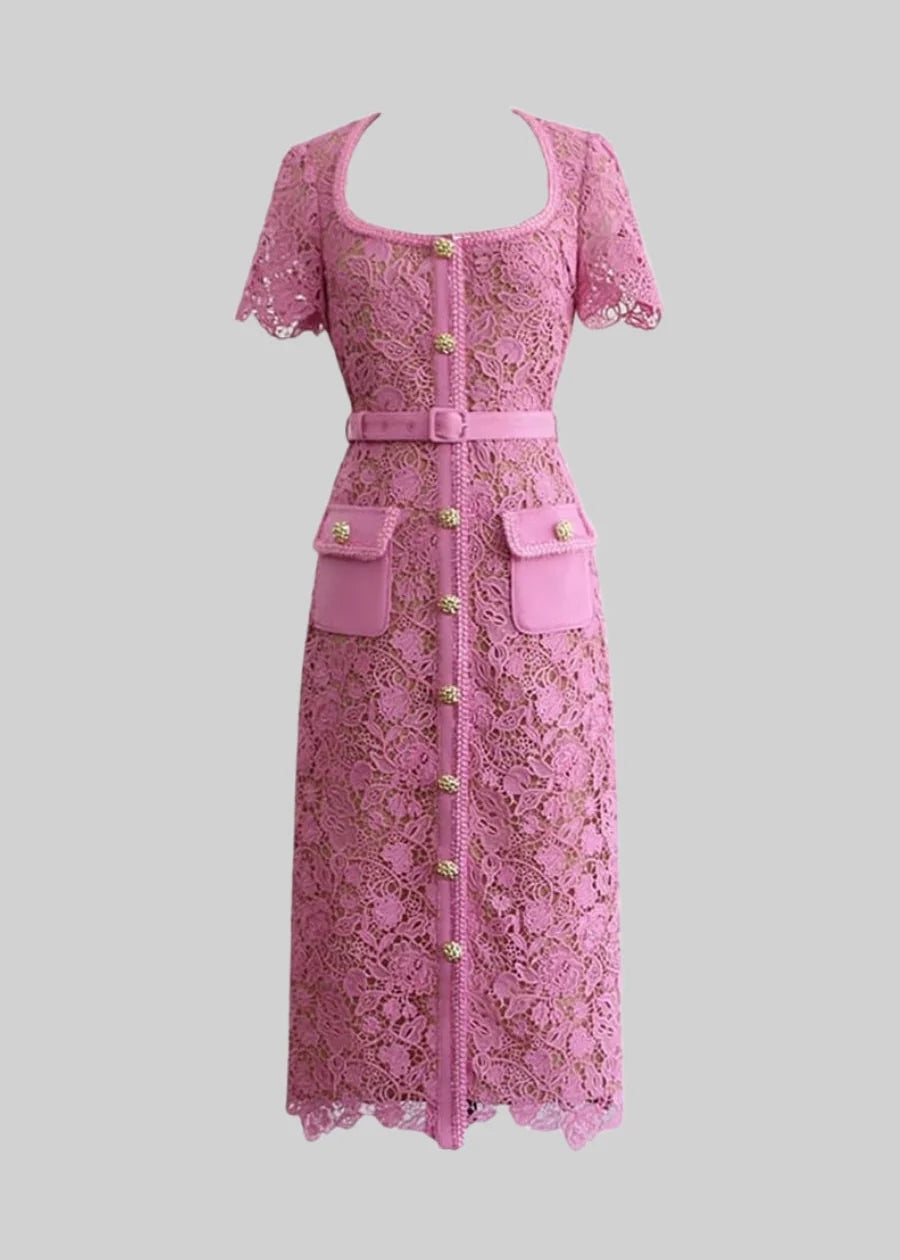 Exquisite Short Sleeve Lace Midi Dress - Rose