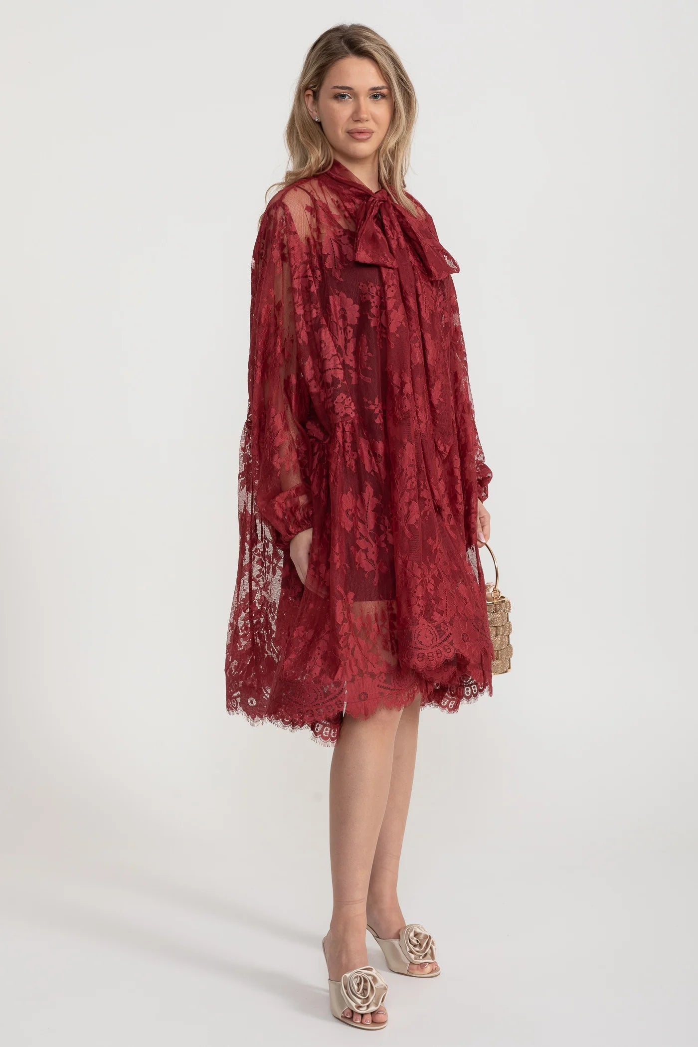 A-Line Lace Dress with Bow Tie Neck – Burgundy