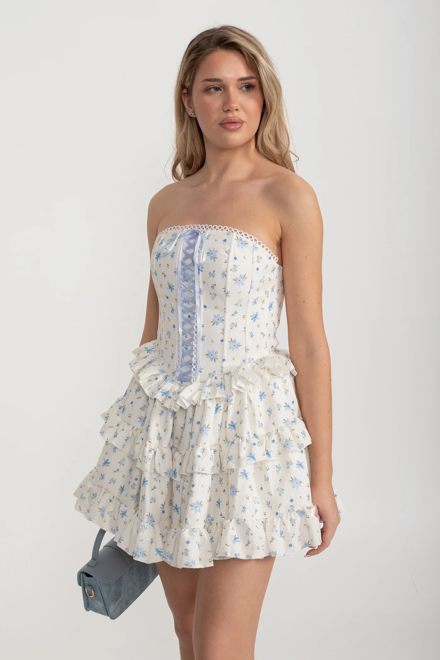 Strapless Ruffled Mini Dress with Floral Print - White/Blue