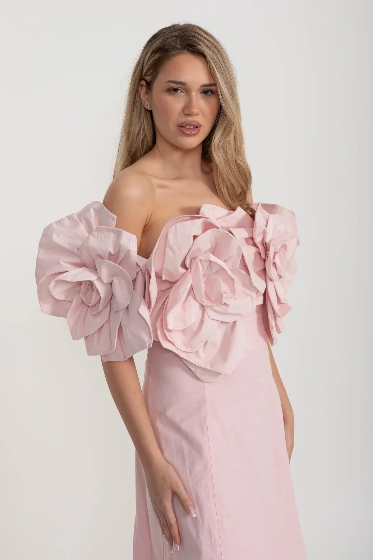 Off-Shoulder Midi Dress with Oversized Floral Appliqués - Pink