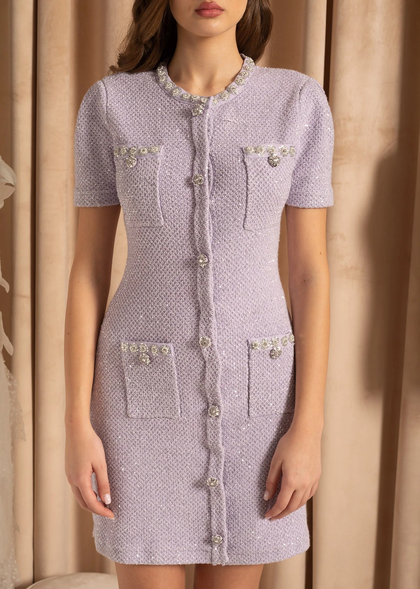 Textured Mini Dress With Silver Floral Detailing - Purple