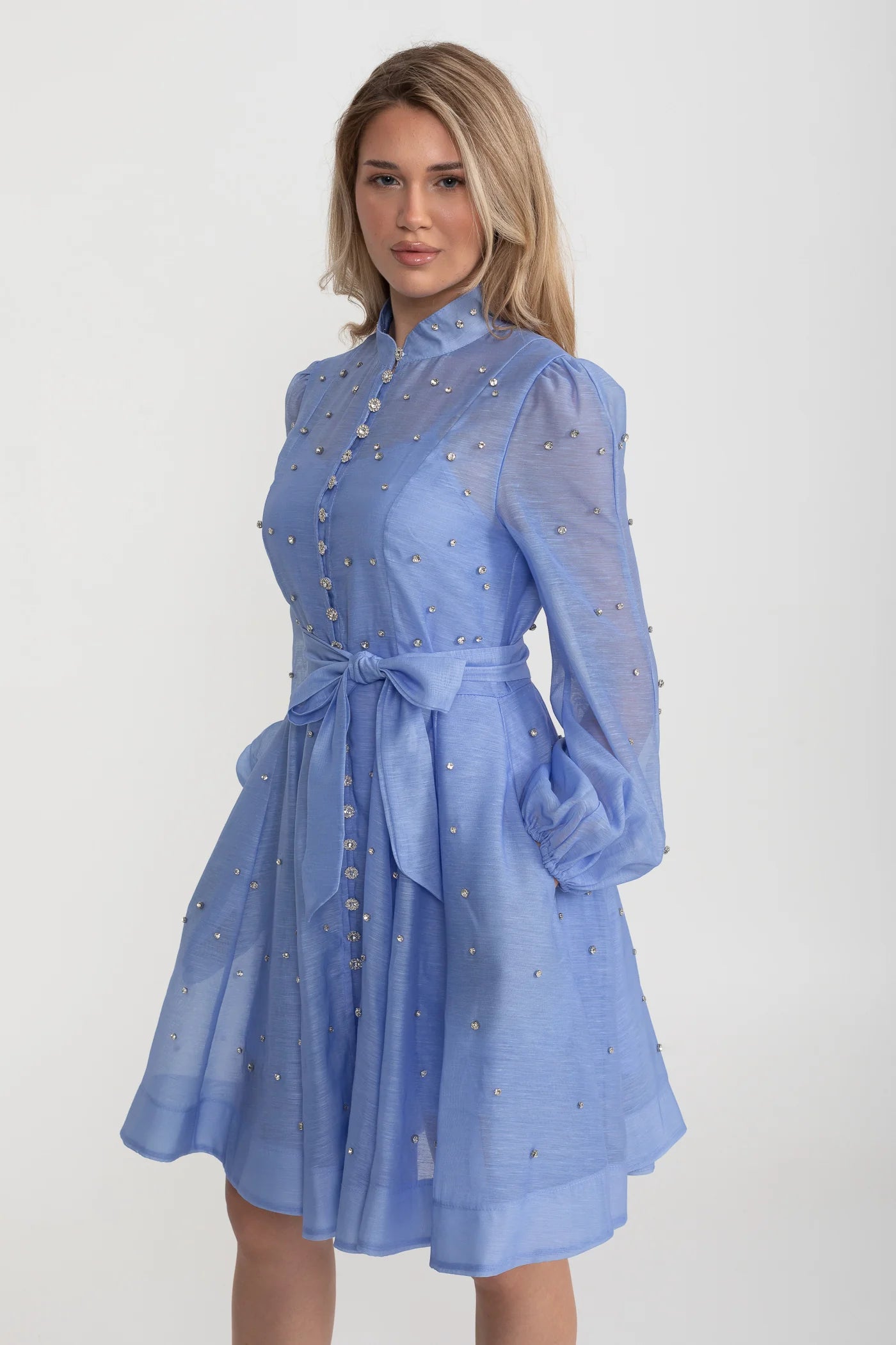 Long Sleeve Mini Dress with Crystal Embellishments - Blue