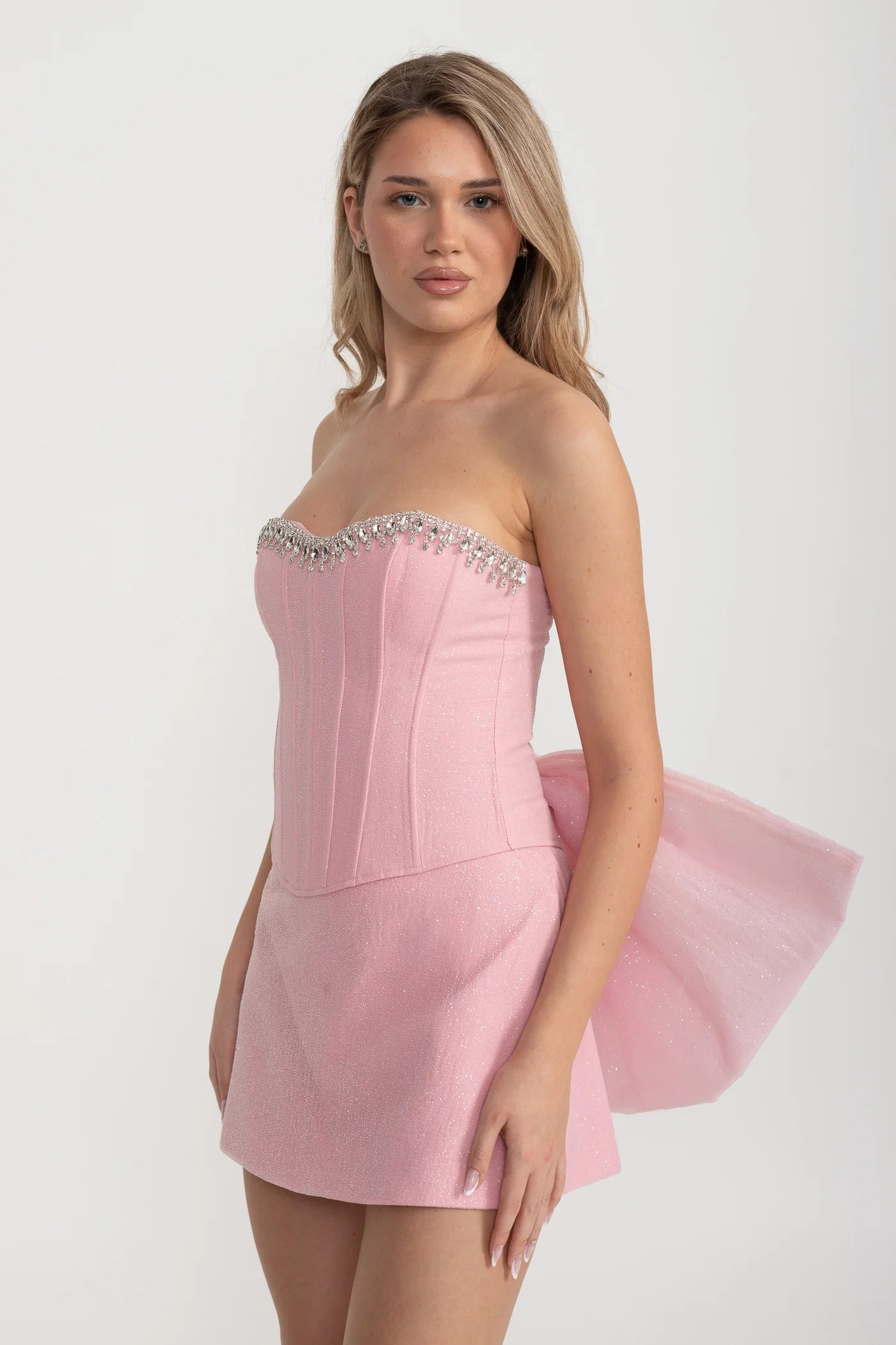 Strapless Mini Set with Crystal Trim and Oversized Bow - Pink