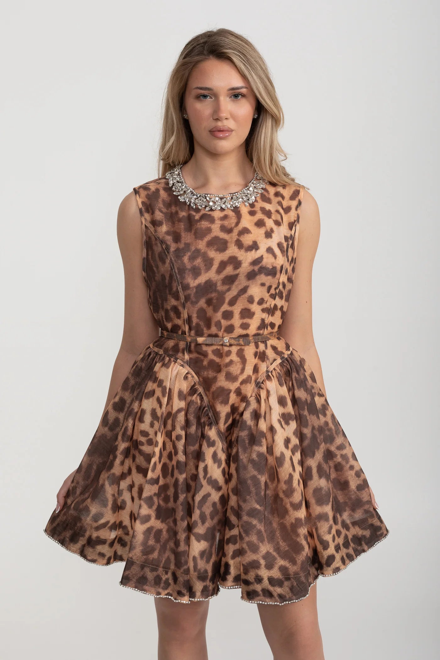Sleeveless Mini Dress With Leopard Print And Rhinestone Details - Brown