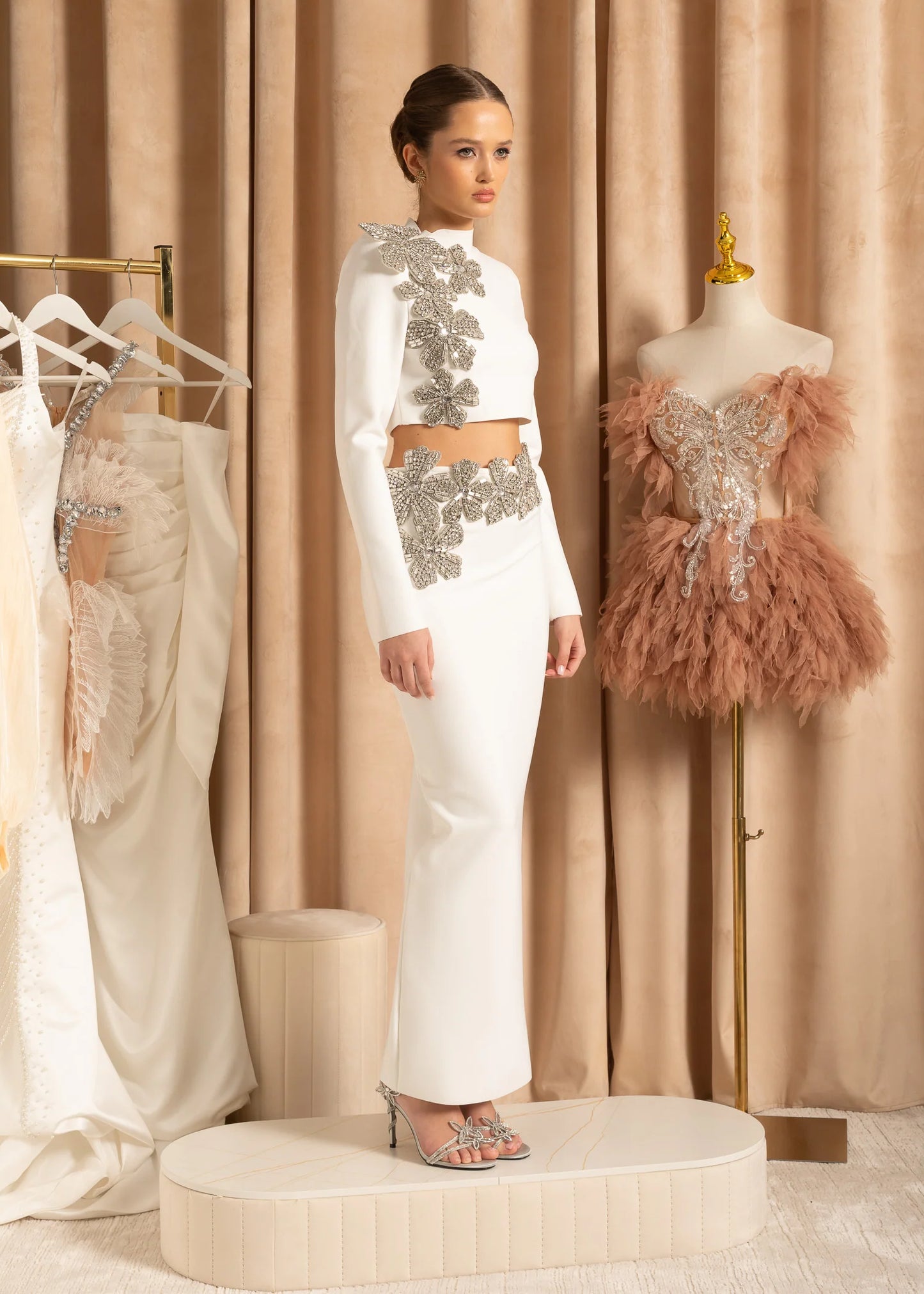 Silver Flowers 2 Piece Set With Long Sleeved Top And Maxi Skirt - White
