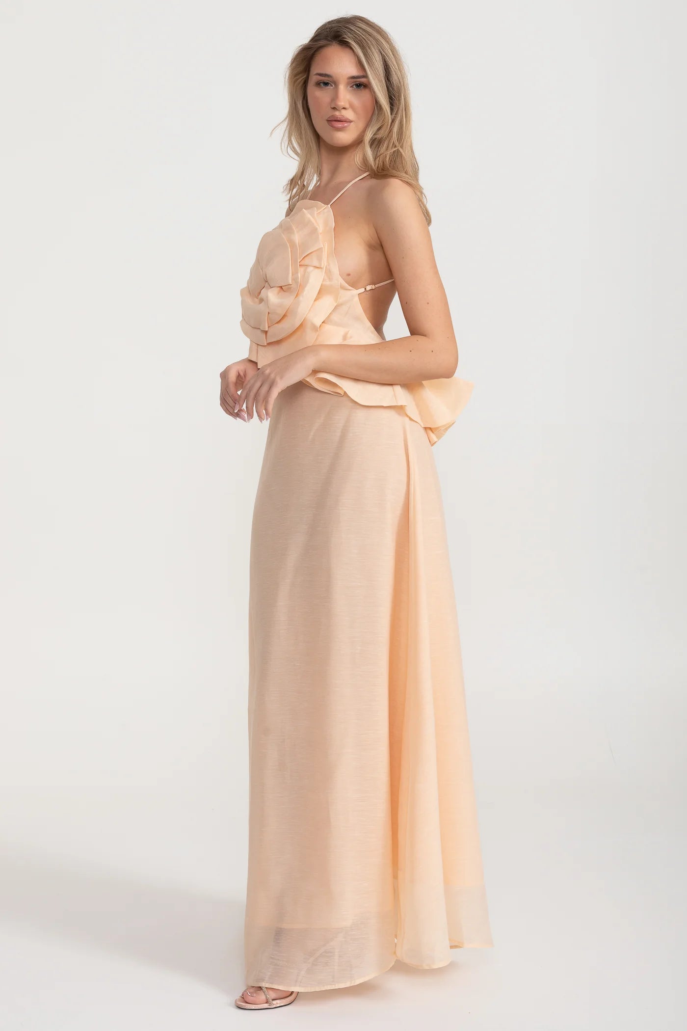 Halterneck Maxi Dress with Oversized Rosette – Peach