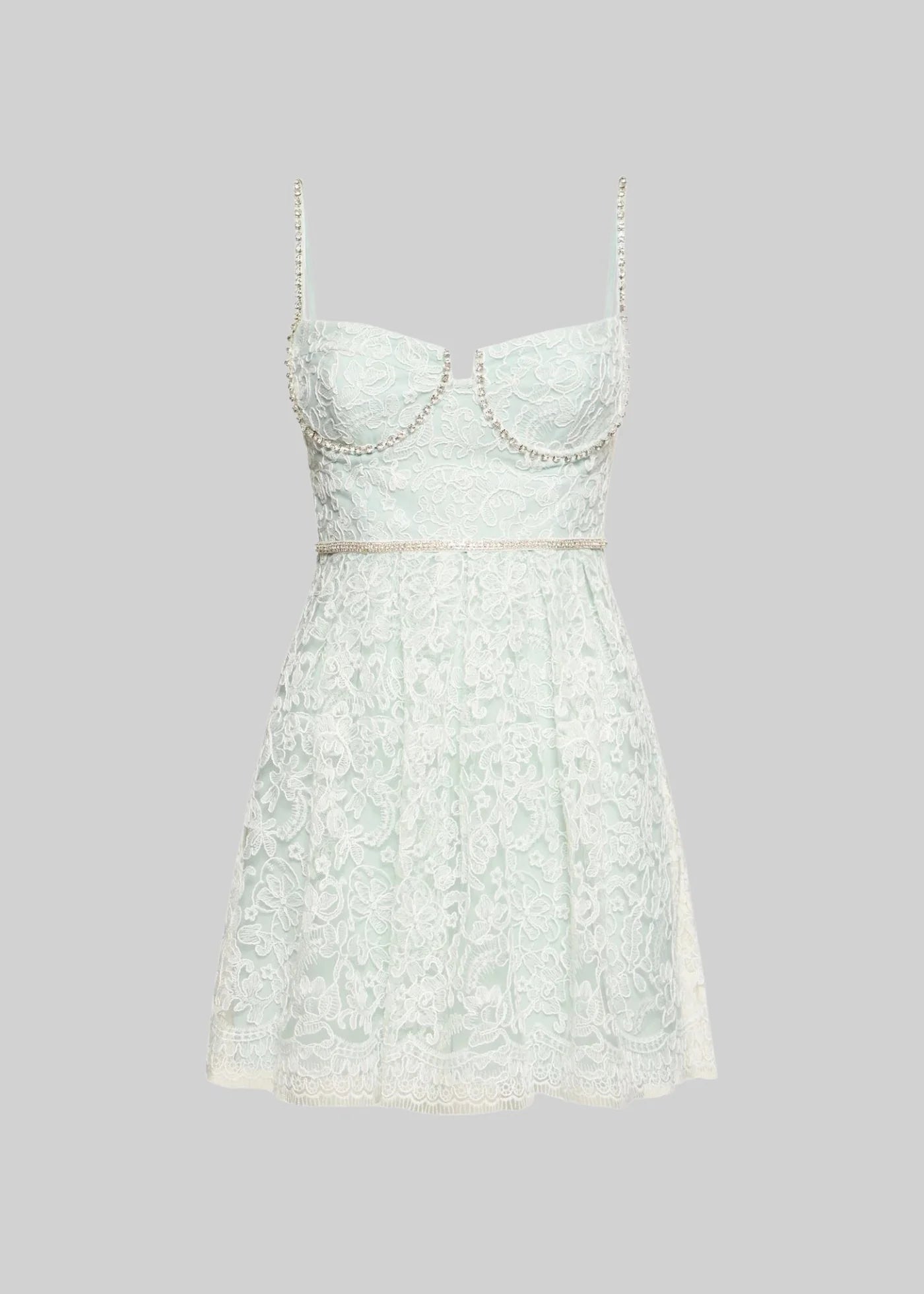 Lace Mini Dress With Floral Pattern Skirt And Sparkling Spaghetti Straps - Turquoise
