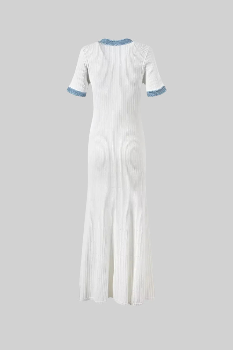 Textured Knit Midi Dress With Blue Details - White