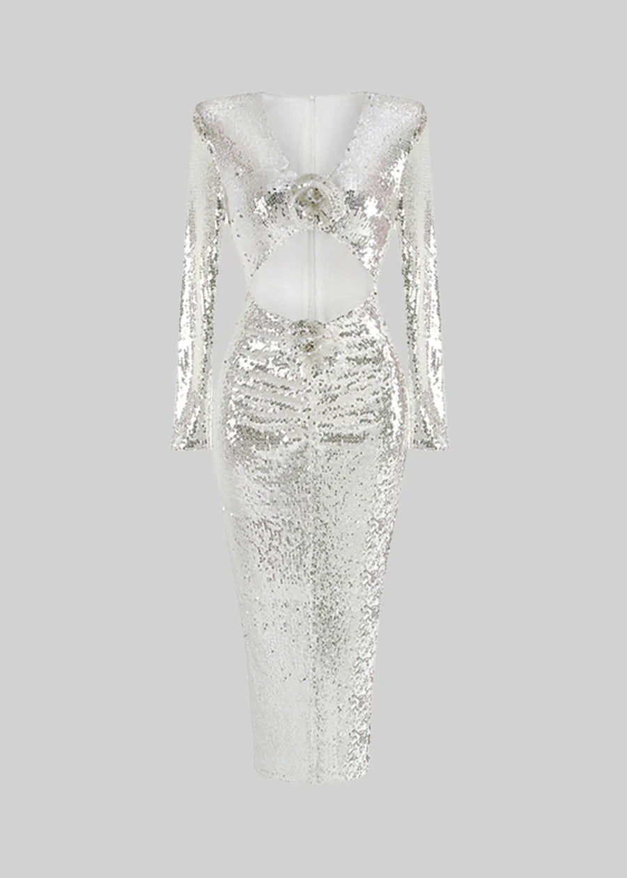 Sparkling Sequin Dress with Front Cut-Out - Silver