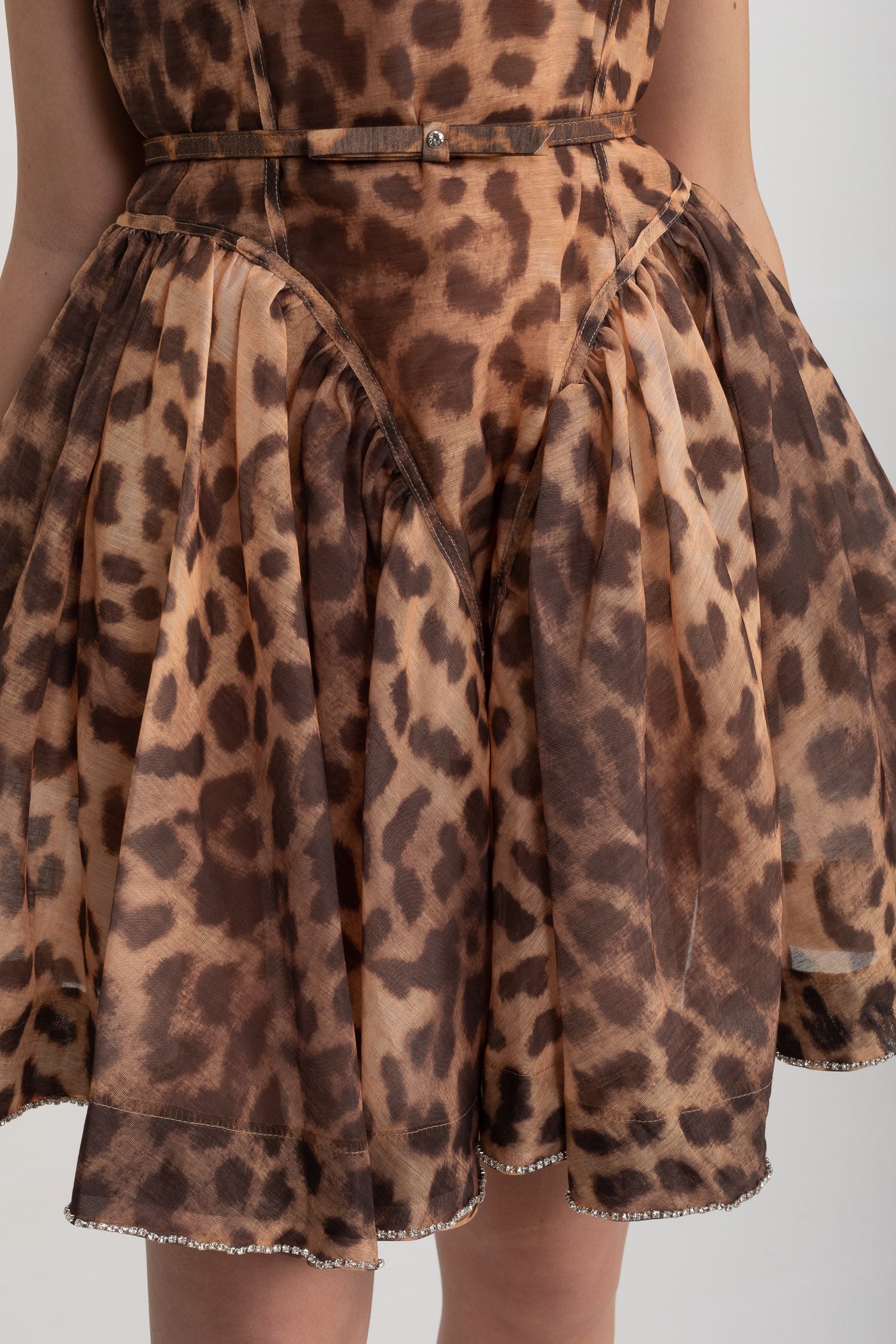 Sleeveless Mini Dress With Leopard Print And Rhinestone Details - Brown