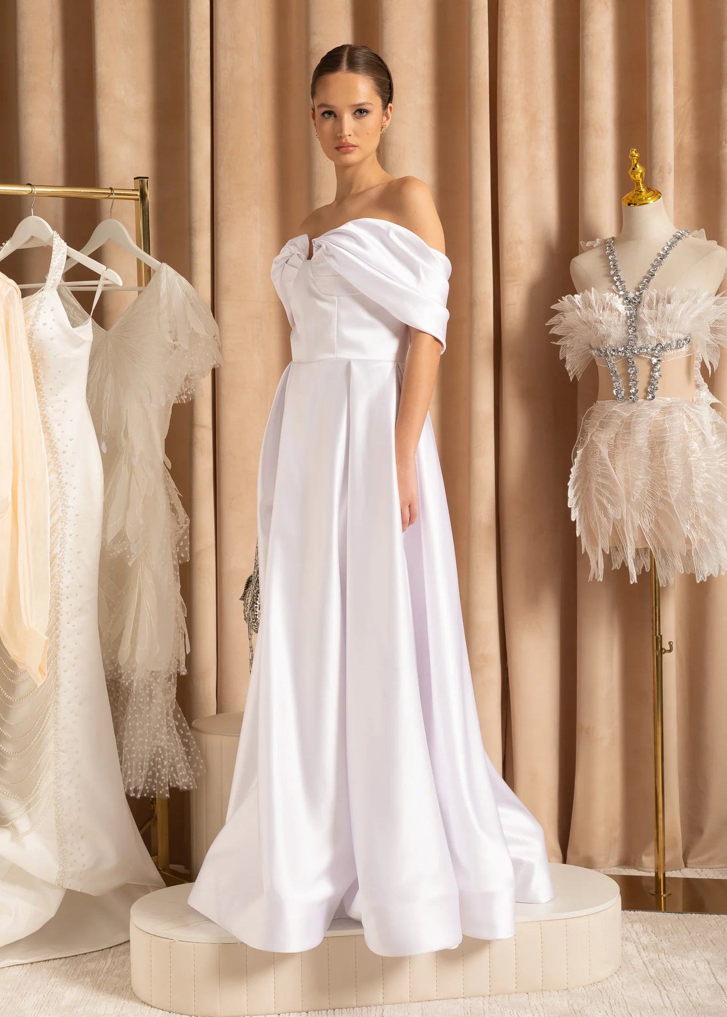 Elegant Off-Shoulder Satin Maxi Dress With Back Ribbon Closure - White